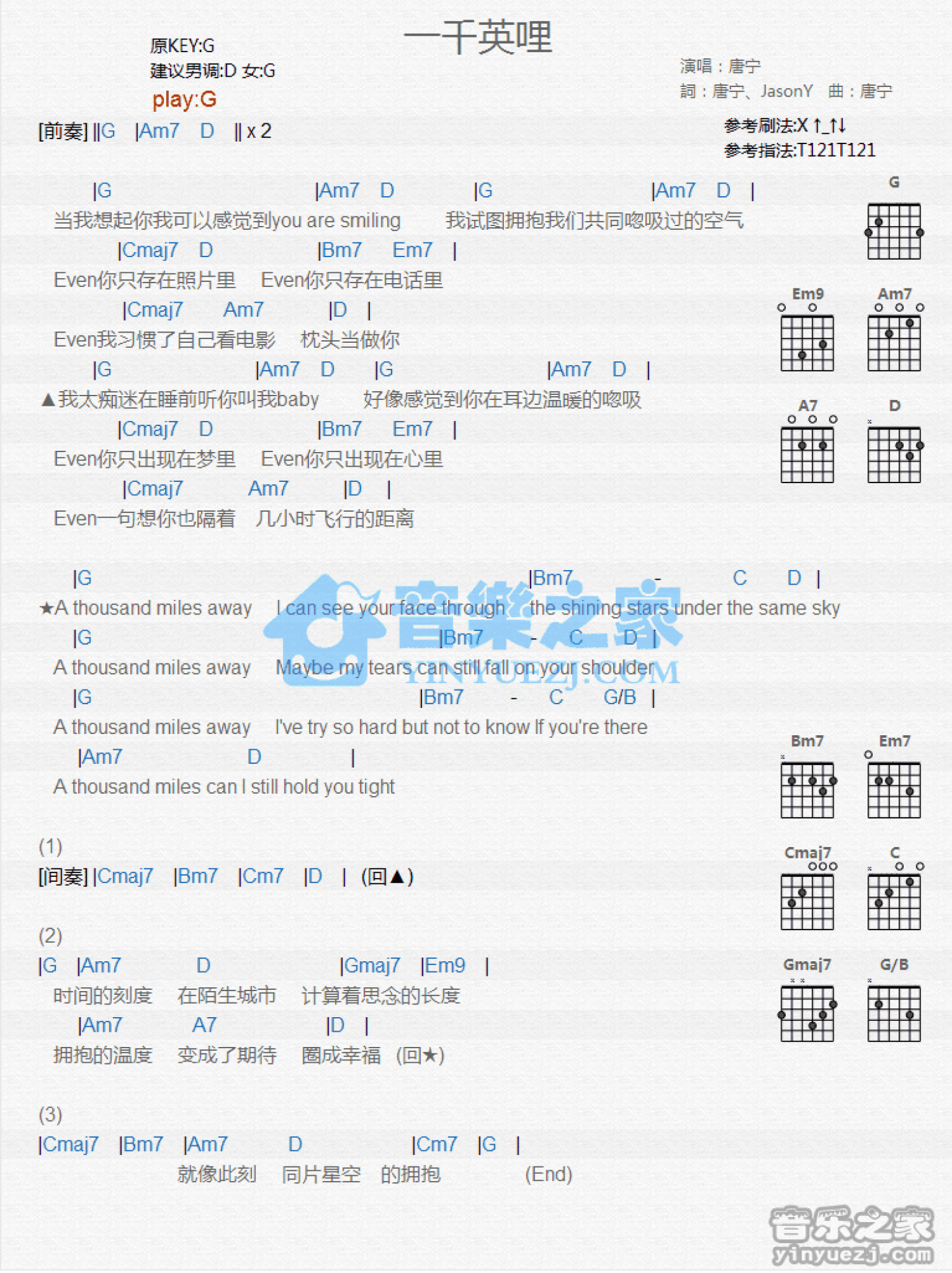 唐宁《一千英里》吉他谱_G调吉他弹唱谱_和弦谱第1张