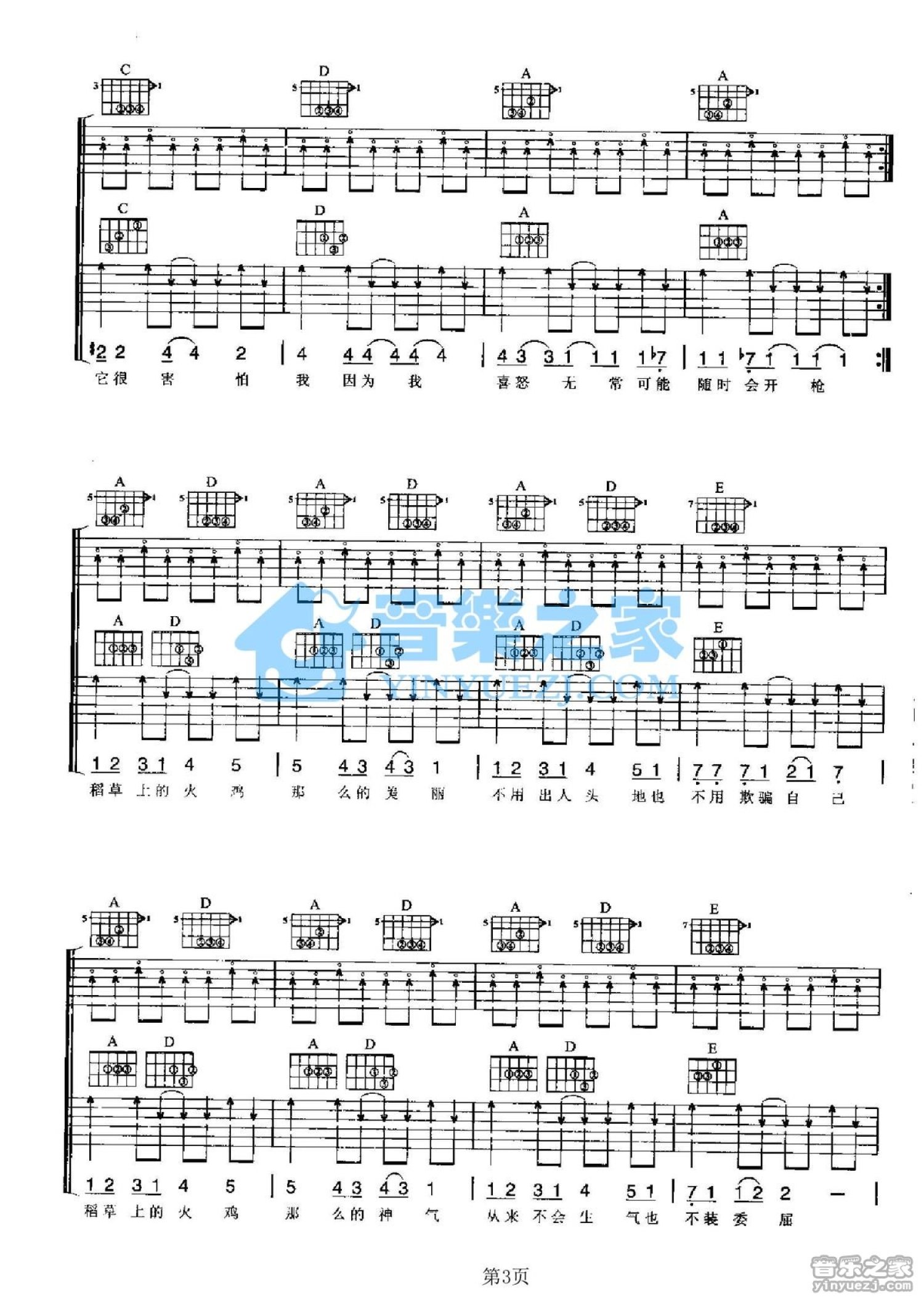 花儿乐队《稻草上的火鸡》吉他谱_A调吉他弹唱谱_双吉他版第3张