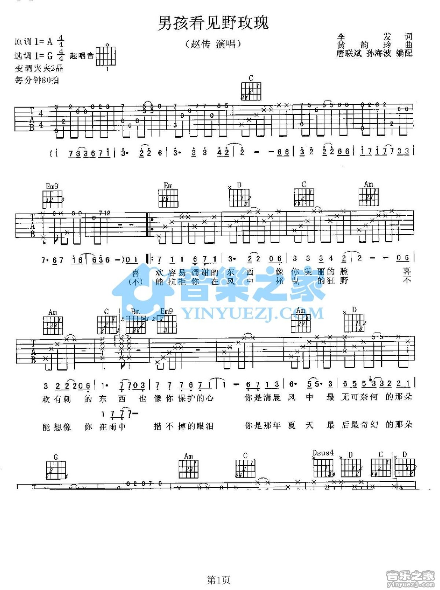 赵传《男孩看见野玫瑰》吉他谱_G调吉他弹唱谱_双吉他版第1张