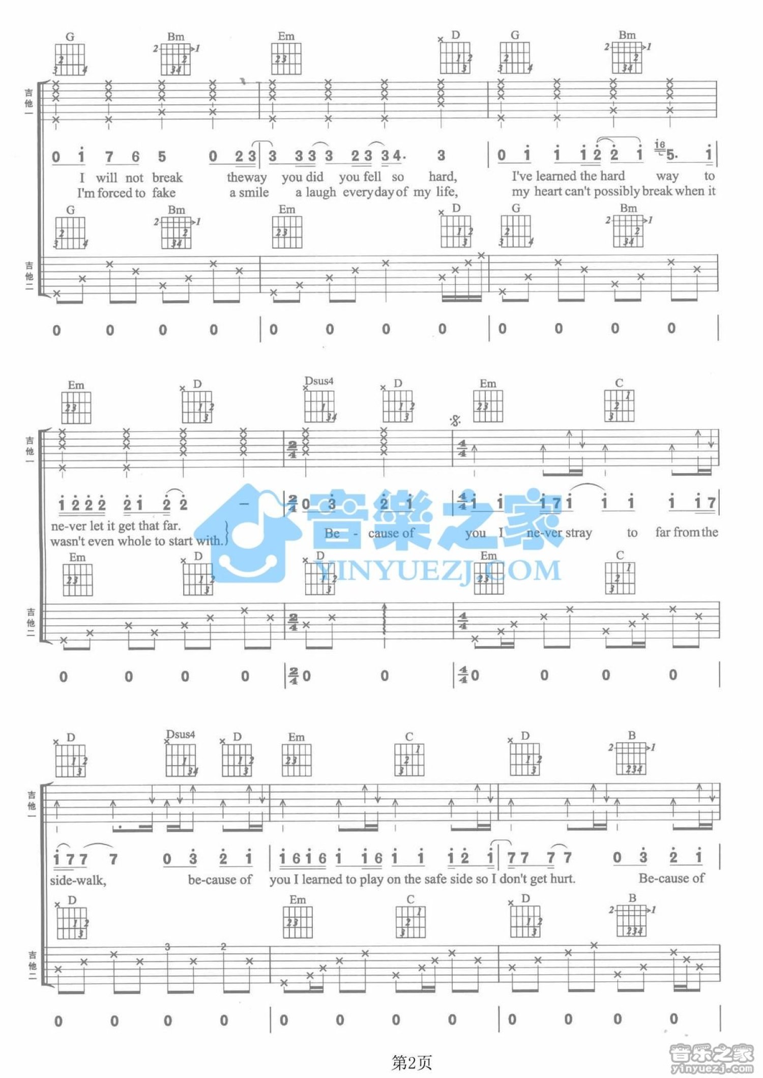 KellyClarkson《Because Of You》吉他谱_G调吉他弹唱谱_双吉他版第2张