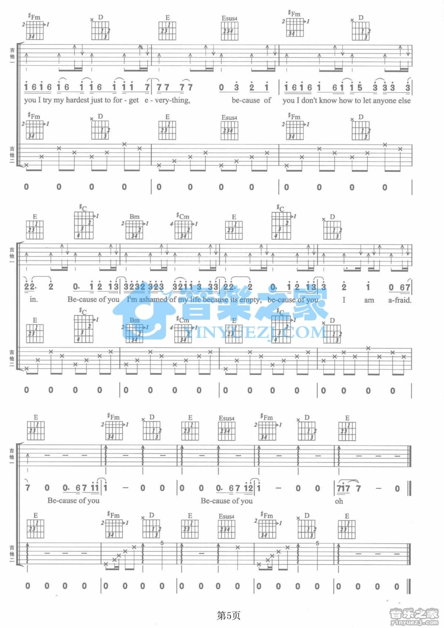 KellyClarkson《Because Of You》吉他谱_G调吉他弹唱谱_双吉他版第5张