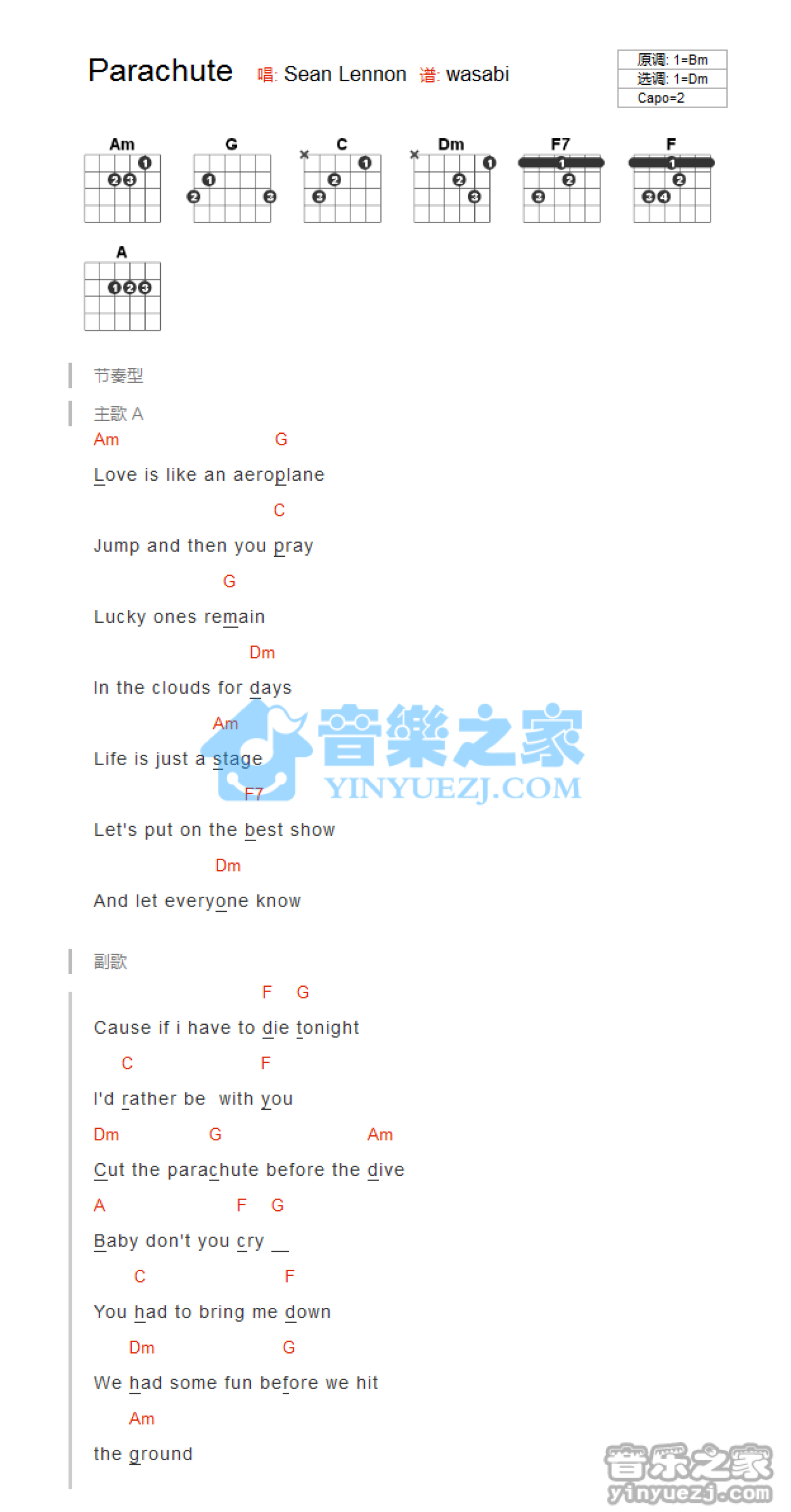 Sean Lennon《Parachute》吉他谱_F调吉他弹唱谱_和弦谱第1张