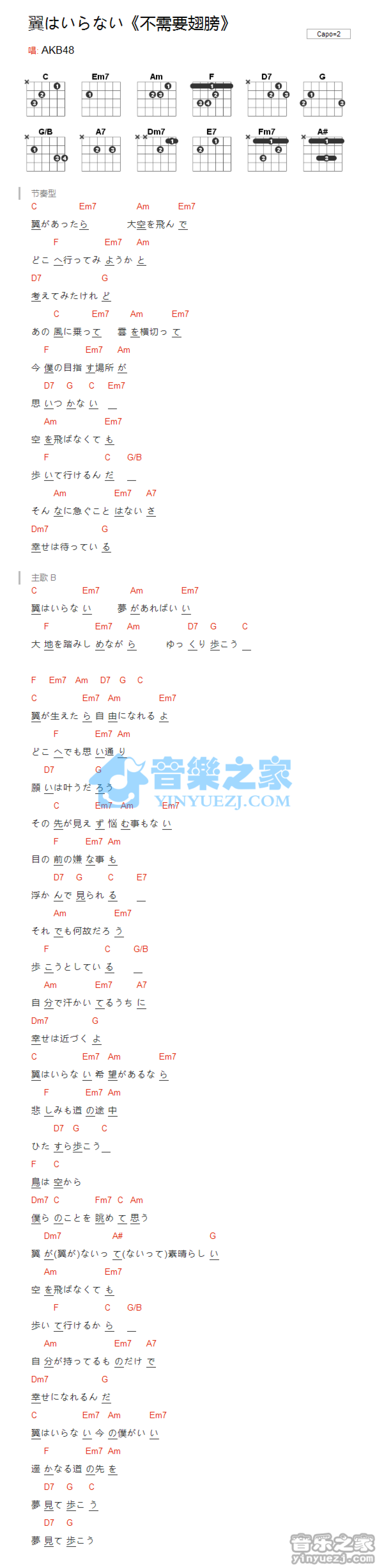 AKB48《不需要翅膀》吉他谱_C调吉他弹唱谱_和弦谱第1张
