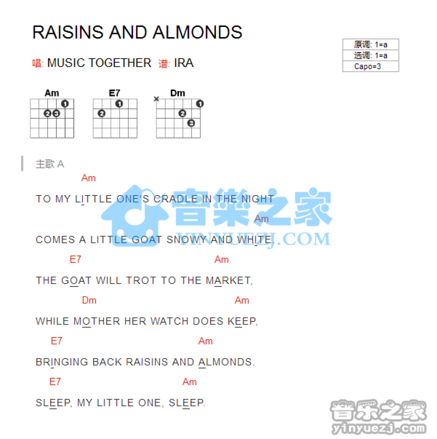 儿歌《Raisins And Almonds》吉他谱_A调吉他弹唱谱_和弦谱第1张