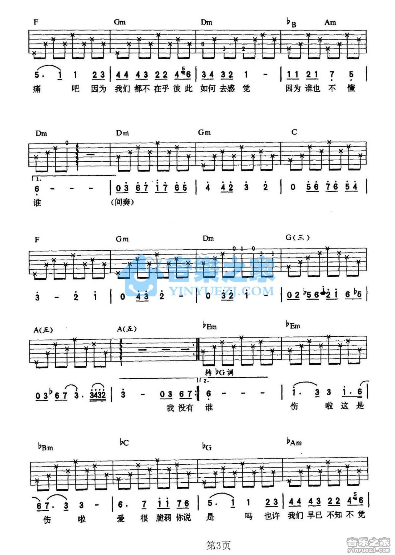 张宇《我没有感觉》吉他谱_F调吉他弹唱谱第3张