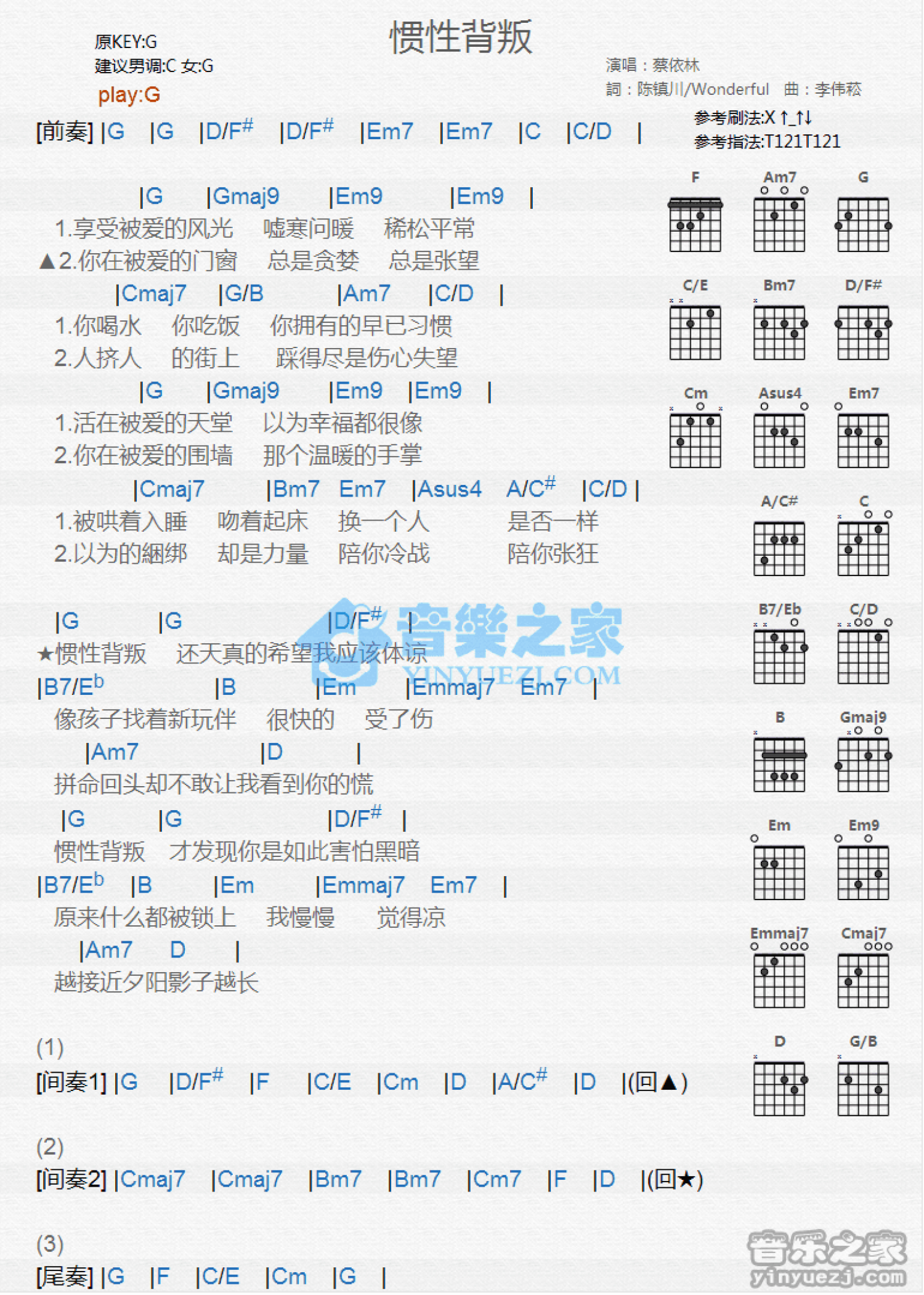 蔡依林《惯性背叛》吉他谱_G调吉他弹唱谱_和弦谱第1张