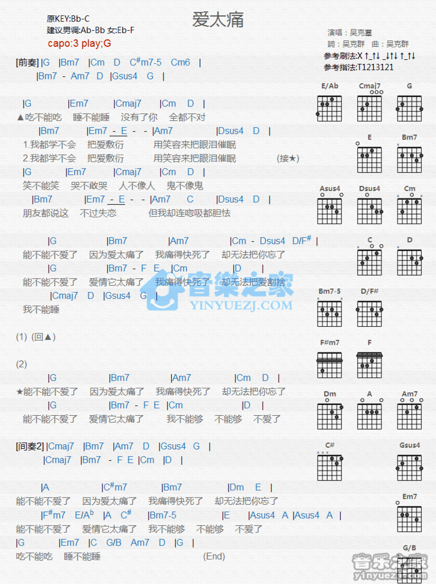 吴克t《爱太痛》吉他谱_G调吉他弹唱谱_和弦谱第1张