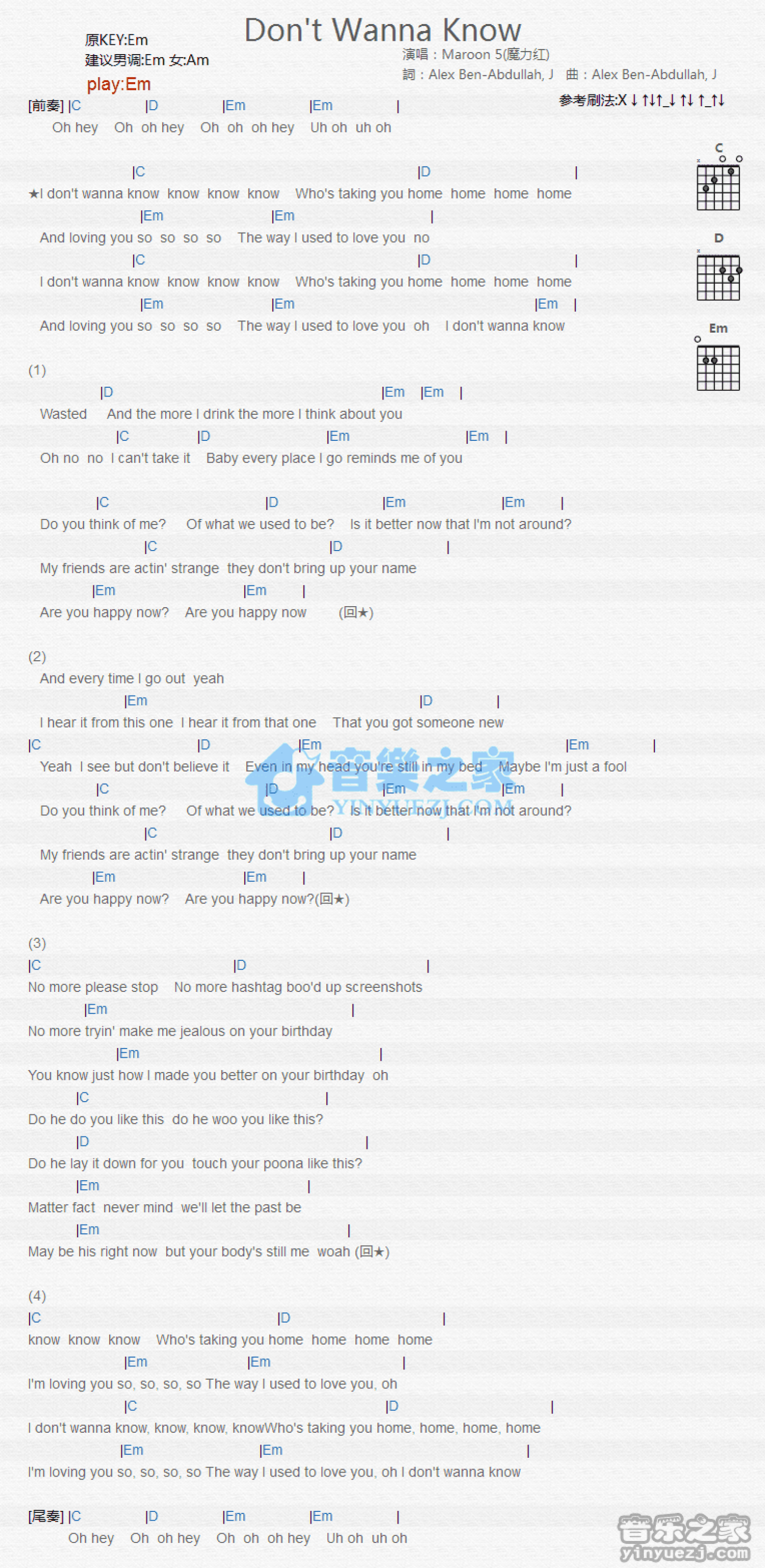 Maroon5《Don't Wanna Know》吉他谱_G调吉他弹唱谱_和弦谱第1张