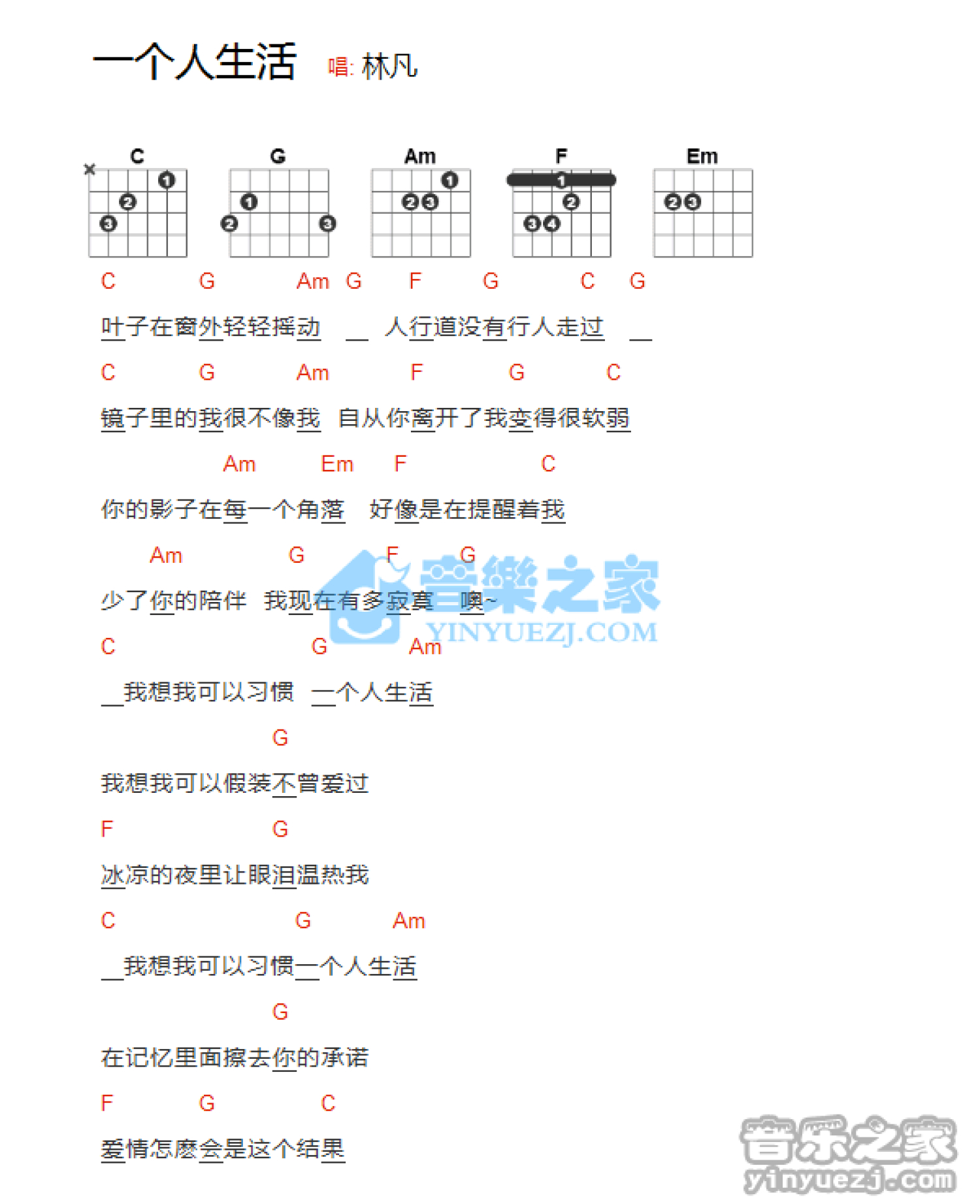 林凡《一个人生活》吉他谱_C调吉他弹唱谱_和弦谱第1张
