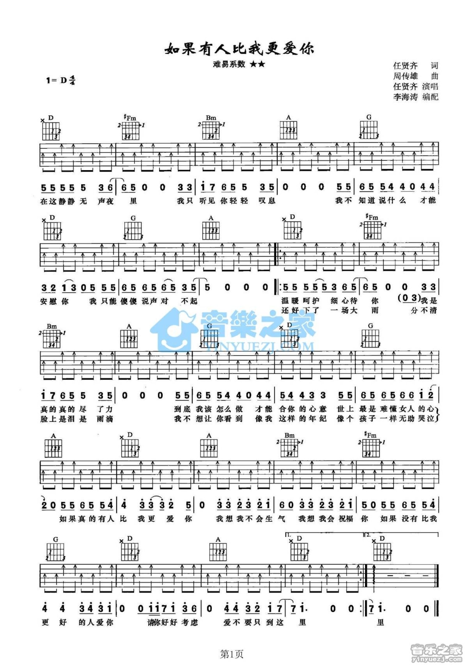 任贤齐《如果有人比我更爱你》吉他谱_D调吉他弹唱谱第1张