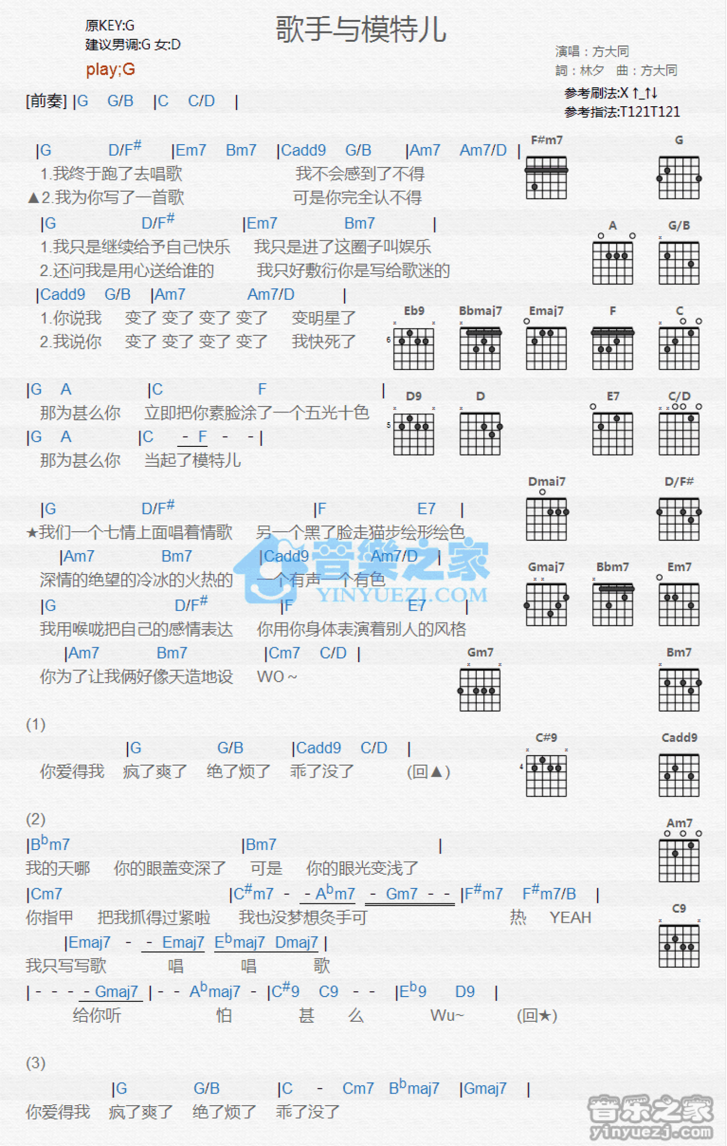 方大同《歌手与模特儿》吉他谱_G调吉他弹唱谱_和弦谱第1张