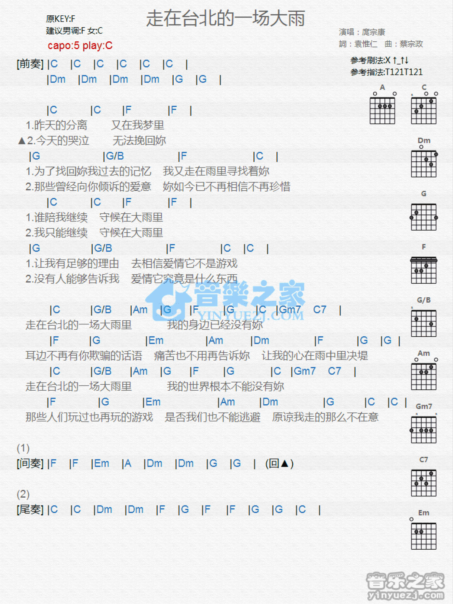 庹宗康《走在台北的一场大雨》吉他谱_C调吉他弹唱谱_和弦谱第1张