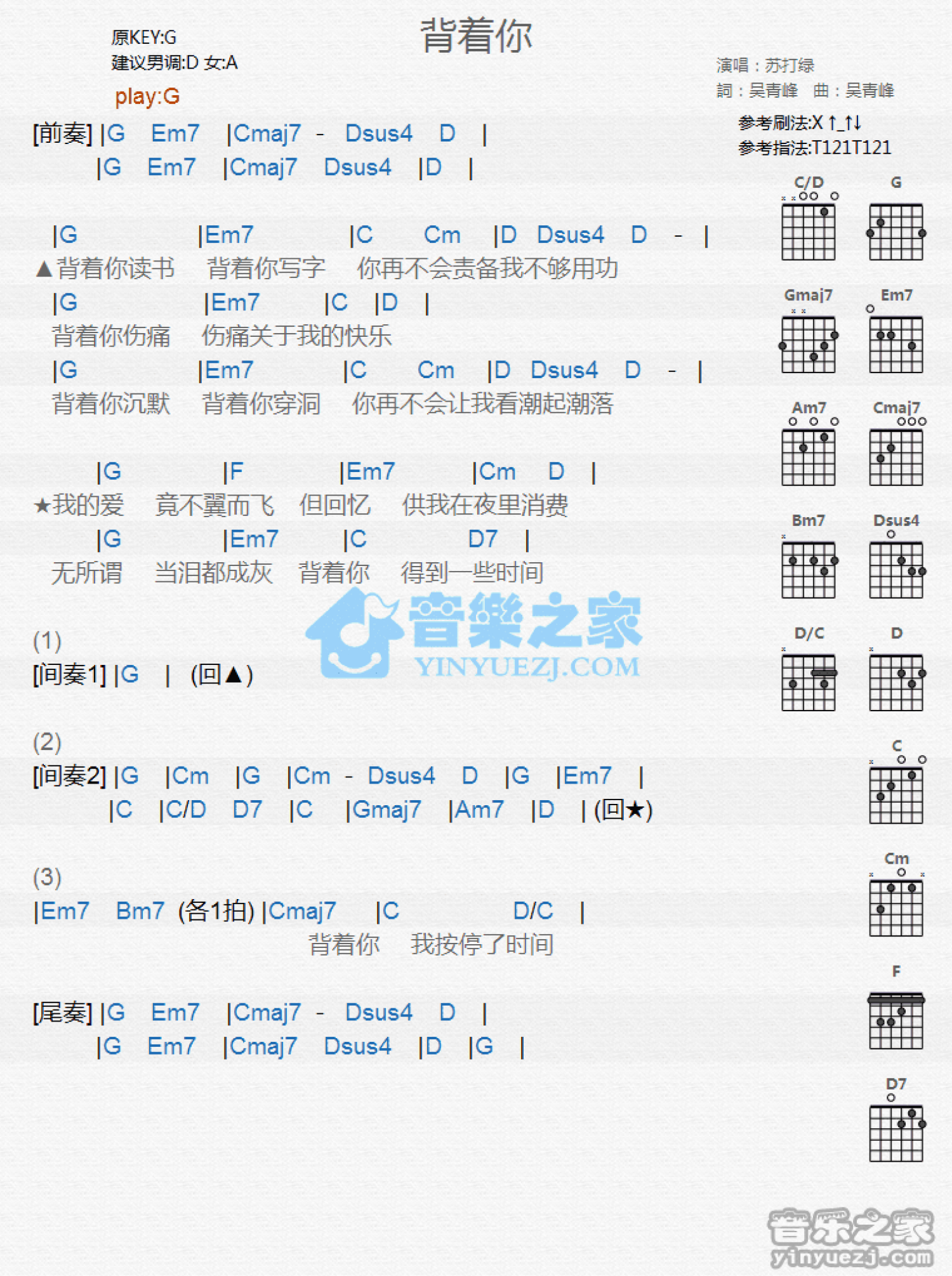 苏打绿《背着你》吉他谱_G调吉他弹唱谱_和弦谱第1张