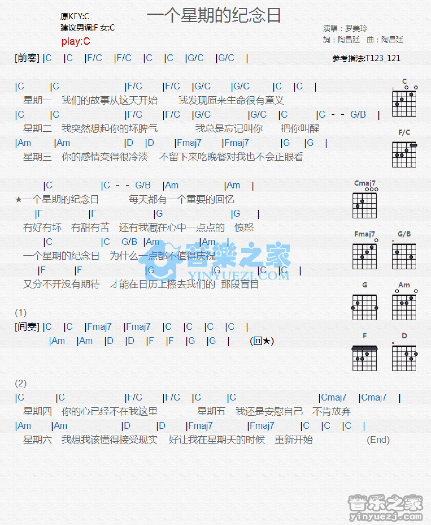 罗美玲《一个星期的纪念日》吉他谱_C调吉他弹唱谱_和弦谱第1张