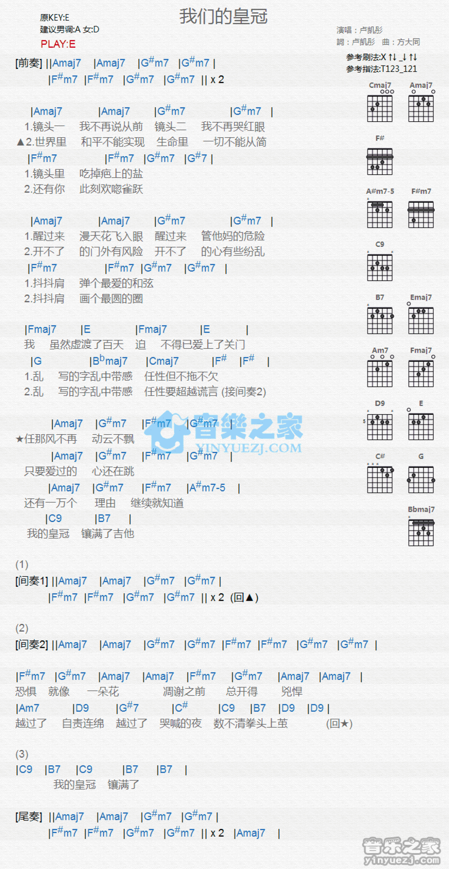 卢凯彤《我们的皇冠》吉他谱_E调吉他弹唱谱_和弦谱第1张