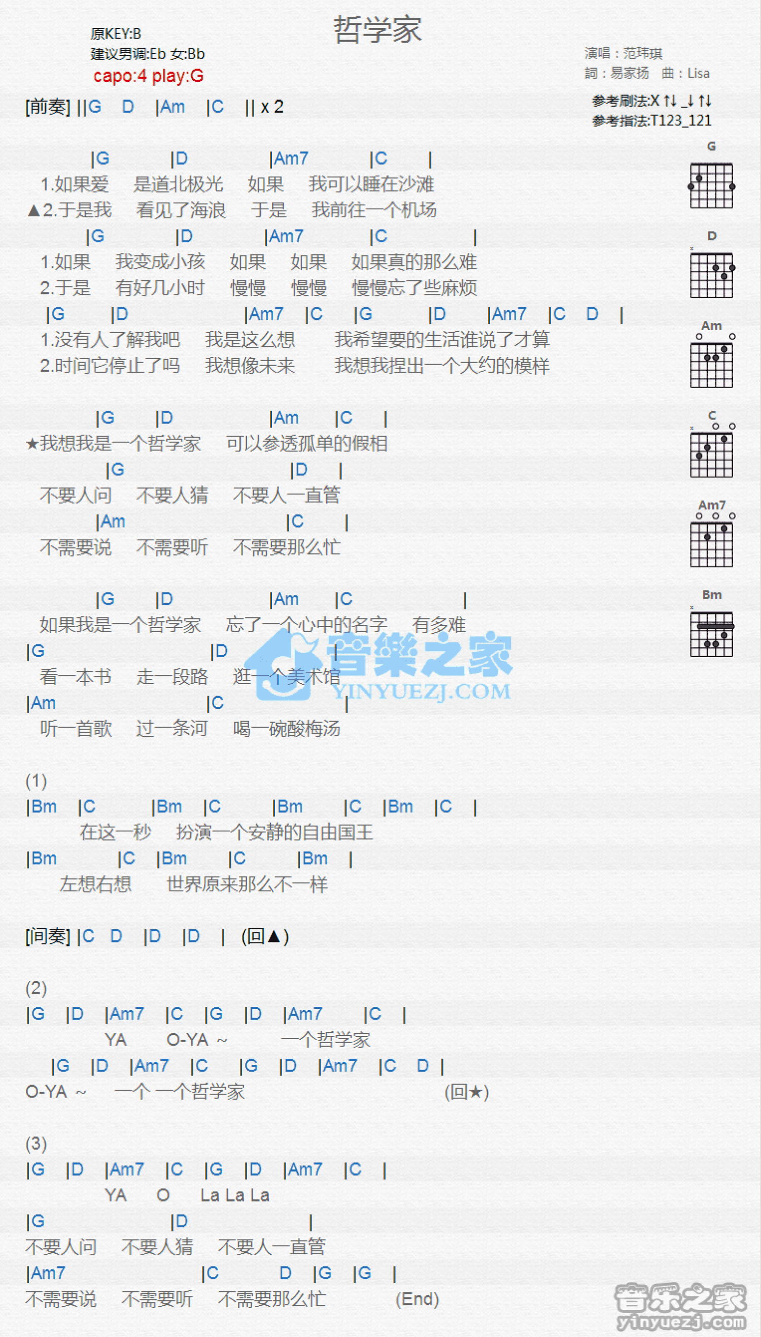 范玮琪《哲学家》吉他谱_G调吉他弹唱谱_和弦谱第1张