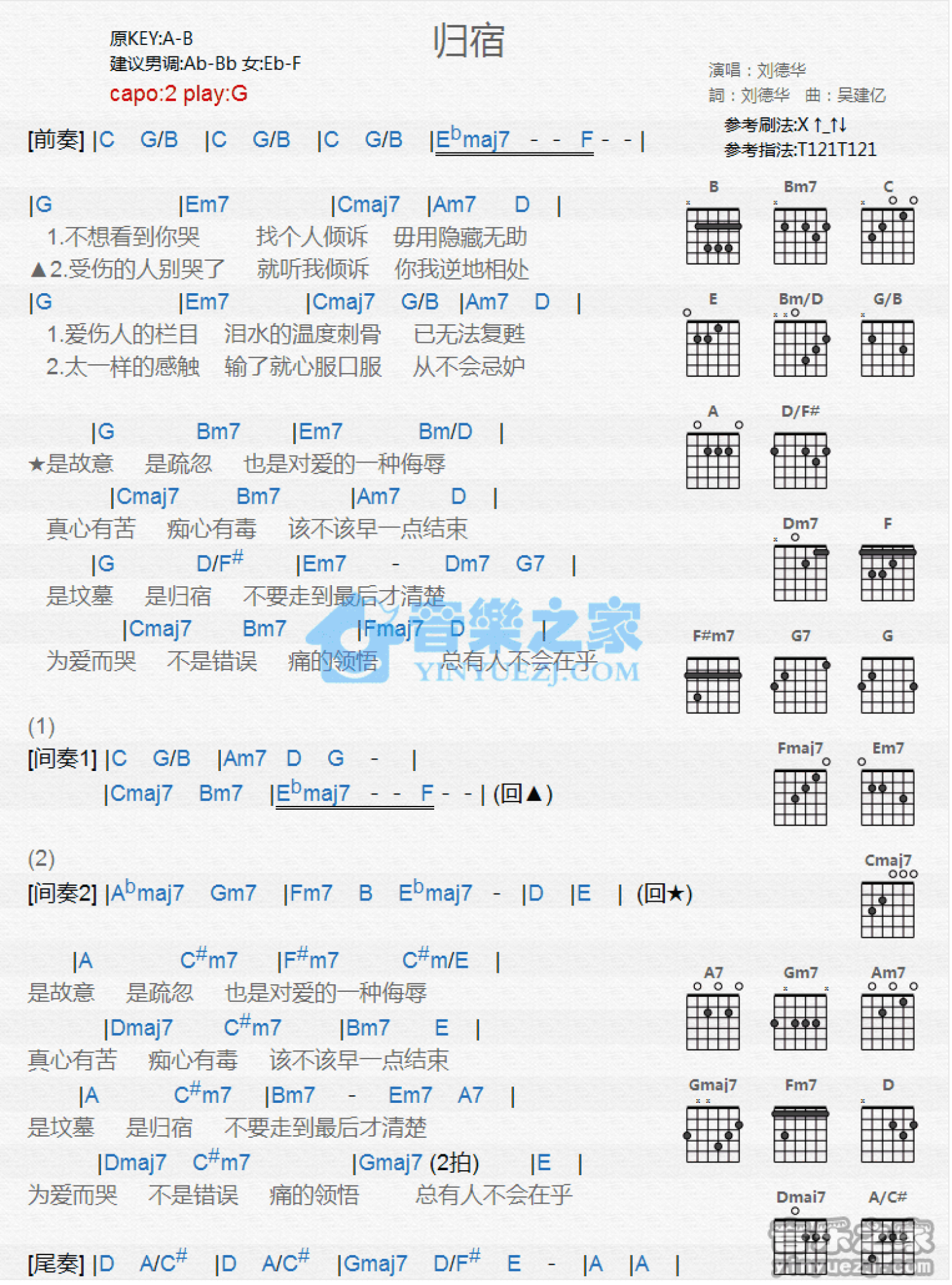 刘德华《归宿》吉他谱_G调吉他弹唱谱_和弦谱第1张