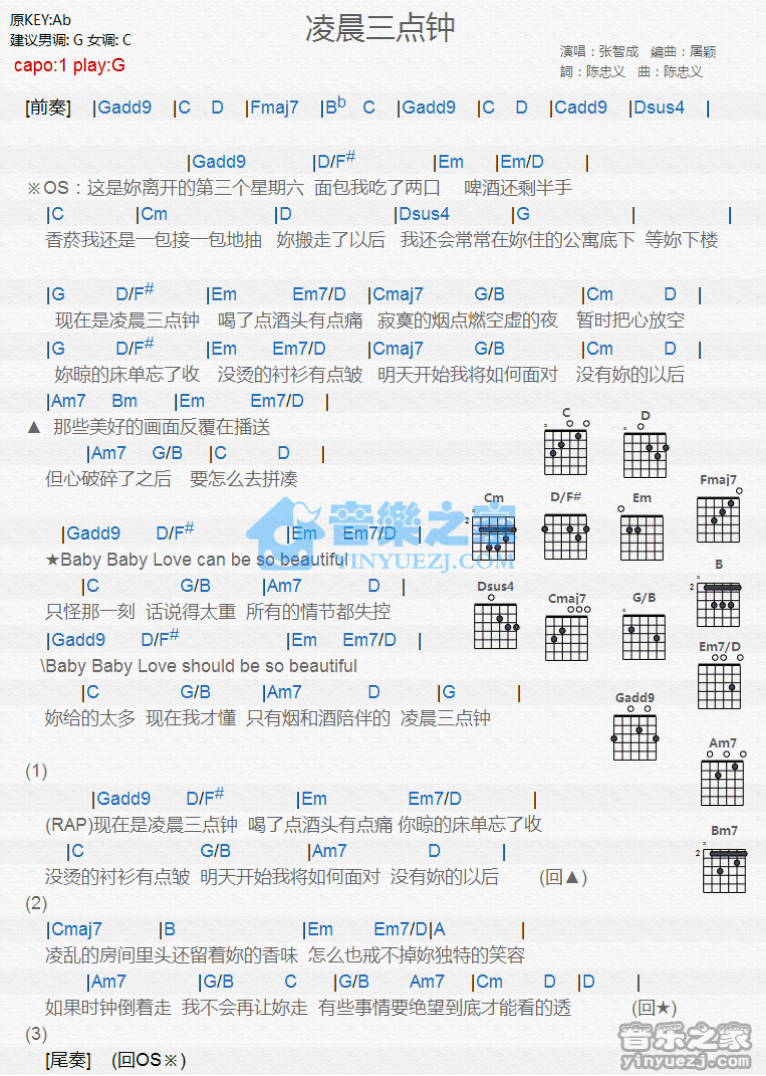 张智成《凌晨三点钟》吉他谱_G调吉他弹唱谱_和弦谱第1张