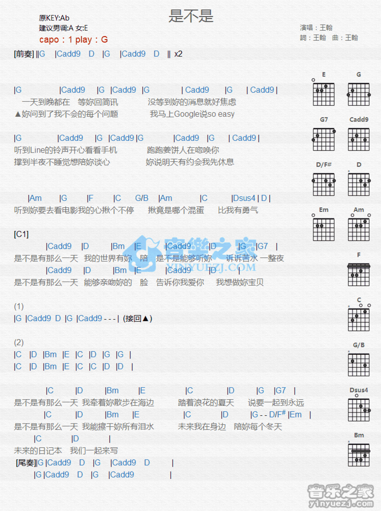 王翰《是不是》吉他谱_G调吉他弹唱谱_和弦谱第1张