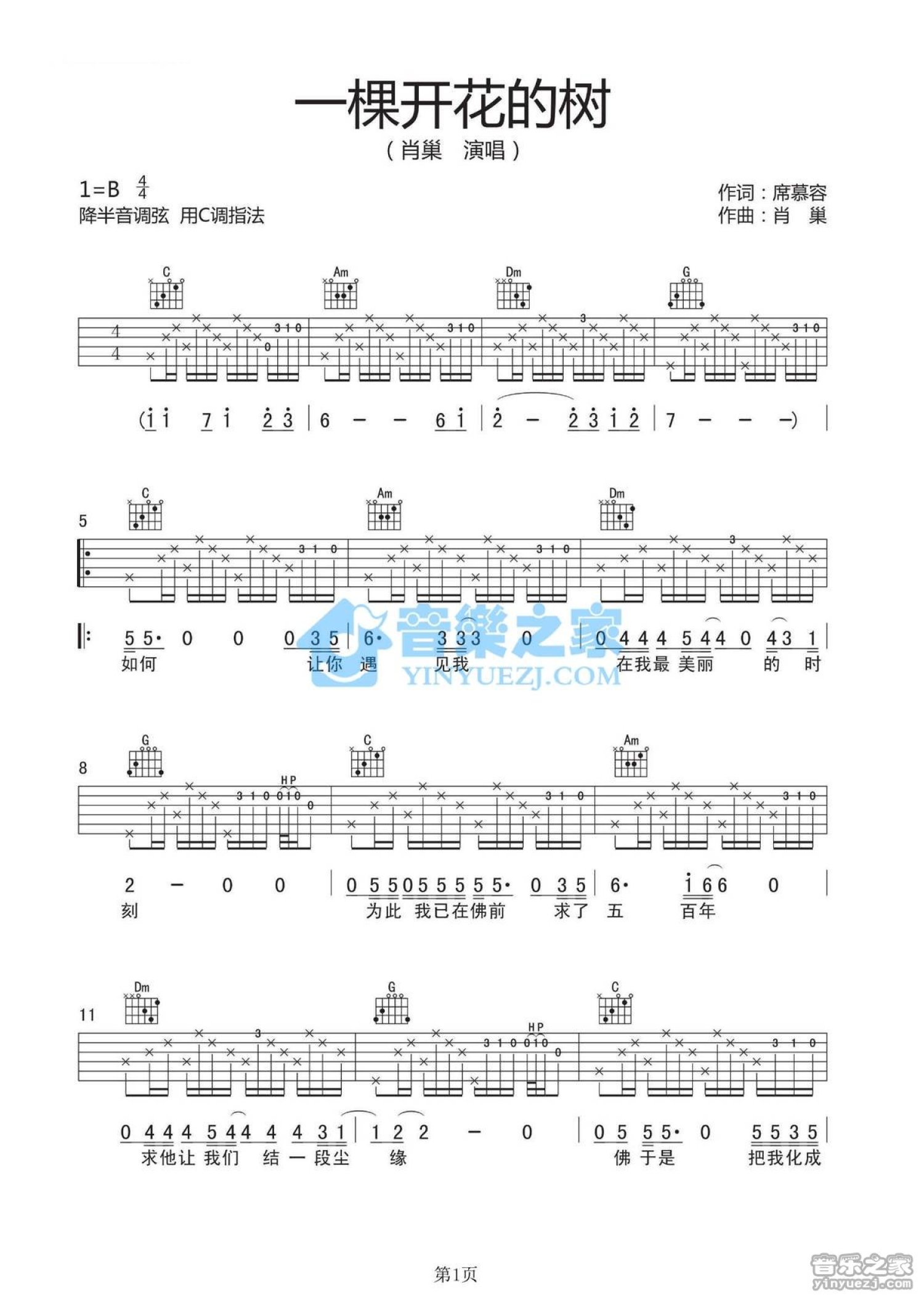 肖巢《一棵开花的树》吉他谱_C调吉他弹唱谱第1张