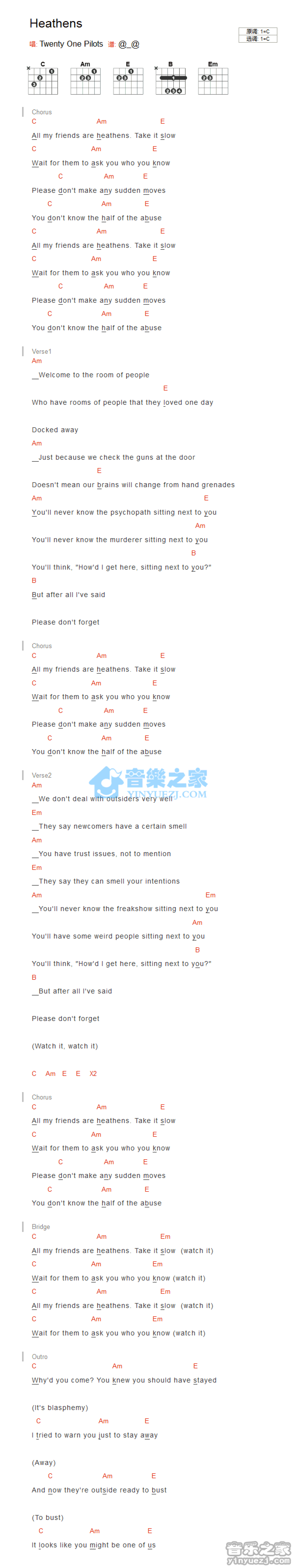 Twenty One Pilots《Heathens》吉他谱_C调吉他弹唱谱_和弦谱第1张