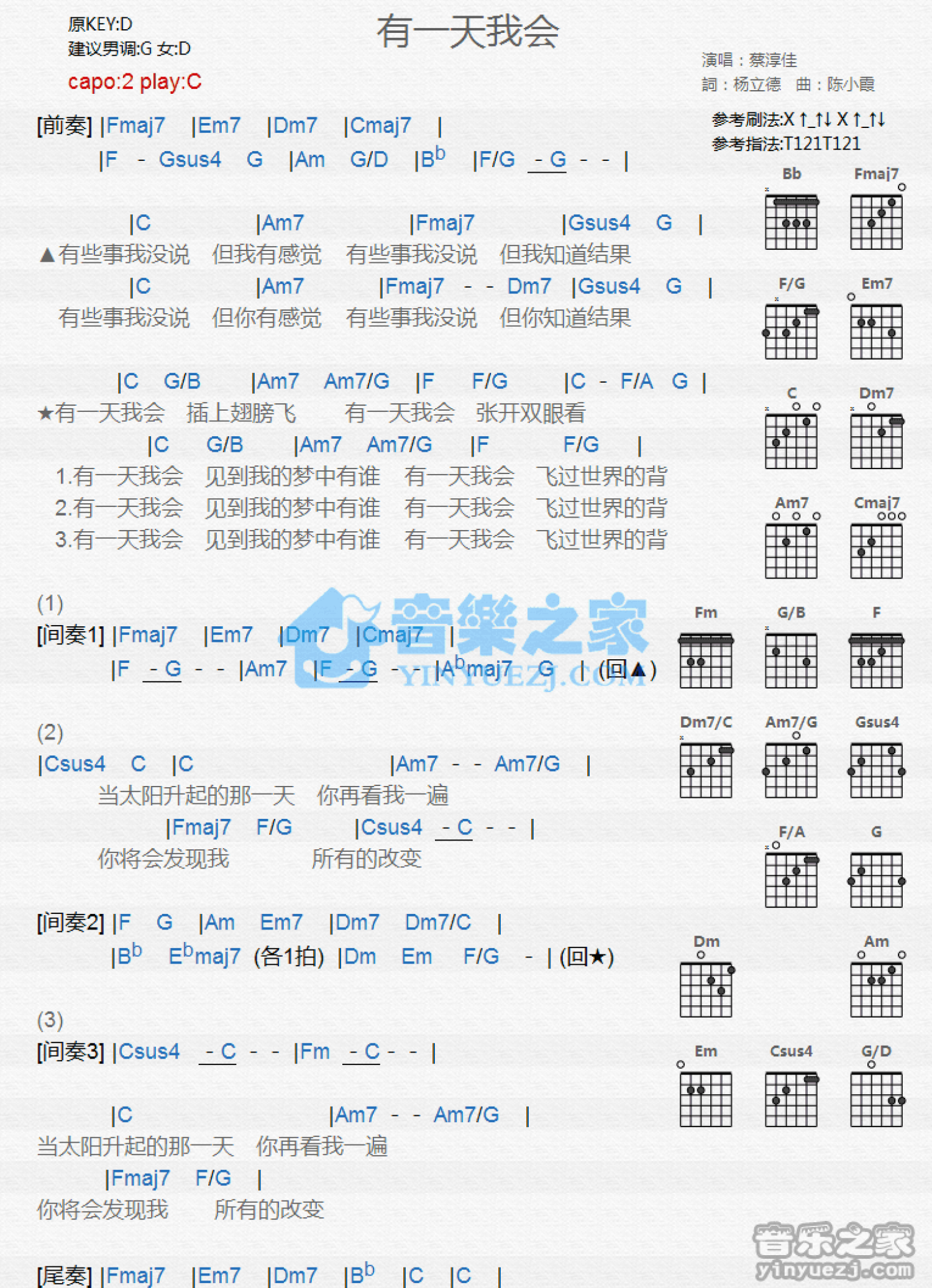 蔡淳佳《有一天我会》吉他谱_C调吉他弹唱谱_和弦谱第1张