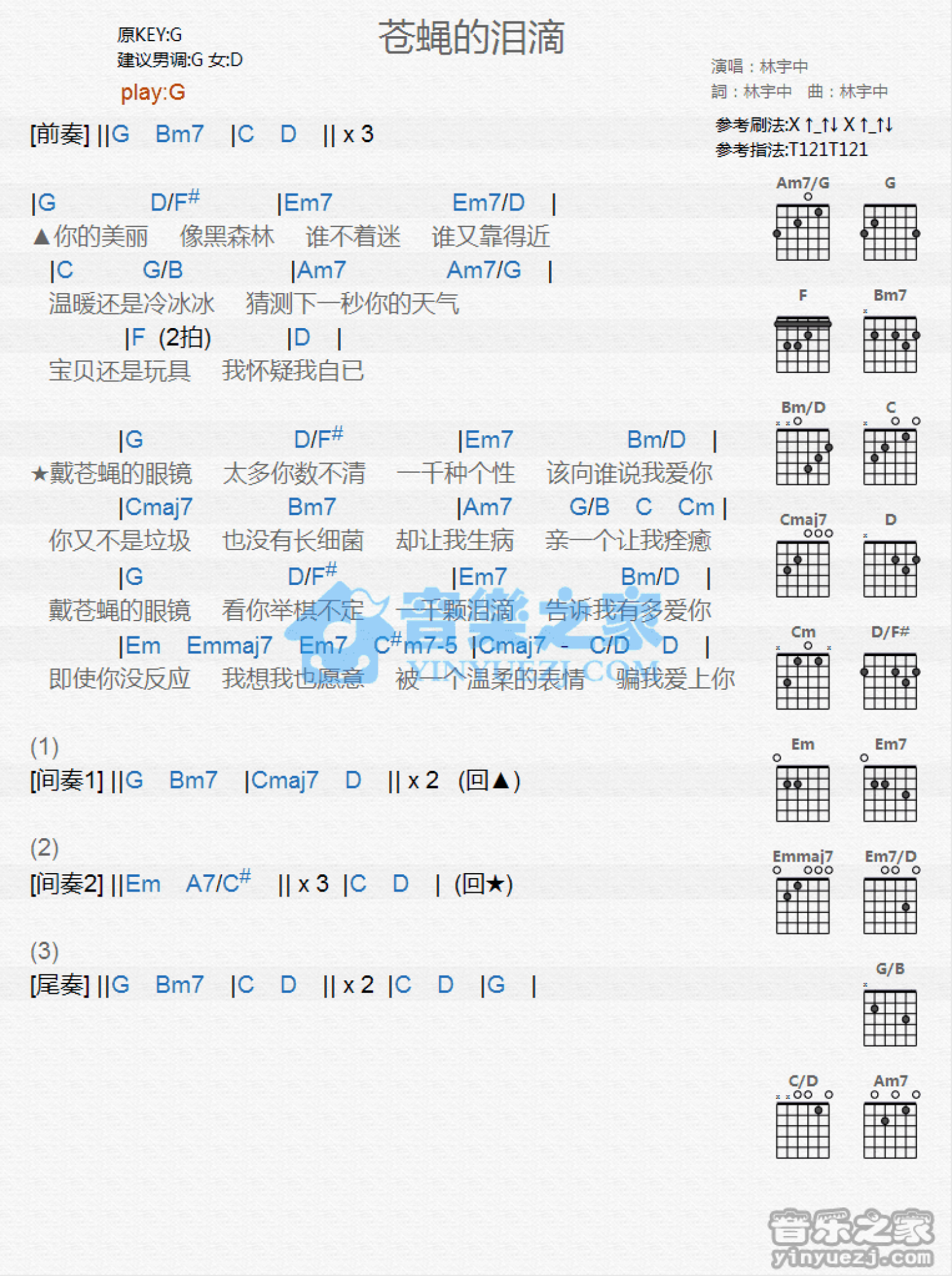 林宇中《苍蝇的泪滴》吉他谱_G调吉他弹唱谱_和弦谱第1张