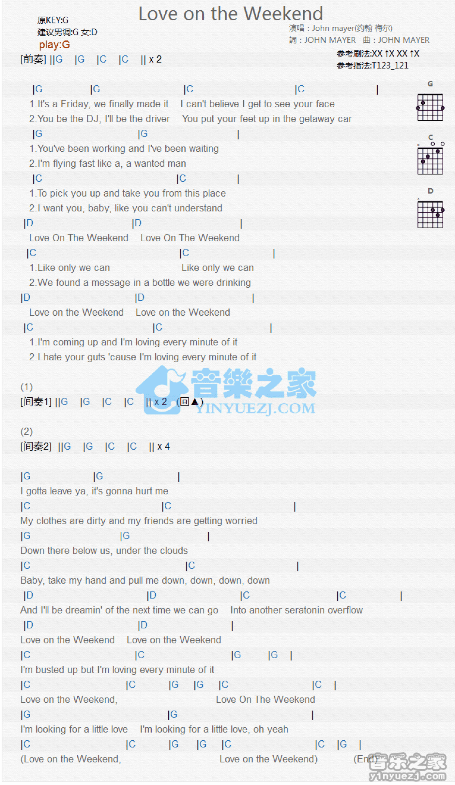 ohn Mayer《Love On The Weekend》吉他谱_G调吉他弹唱谱_和弦谱第1张