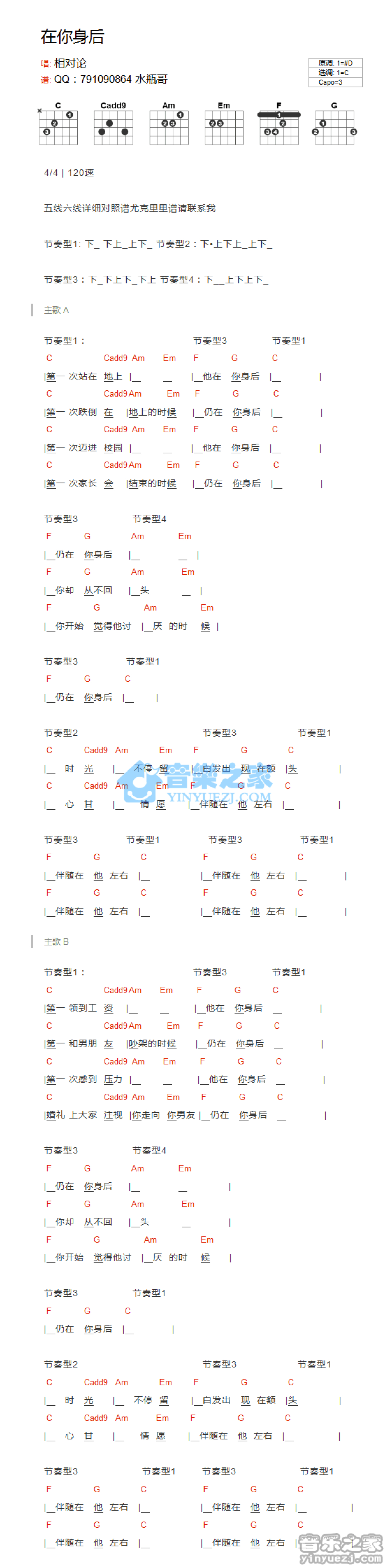 相对论乐队《在你身后》吉他谱_C调吉他弹唱谱_和弦谱第1张