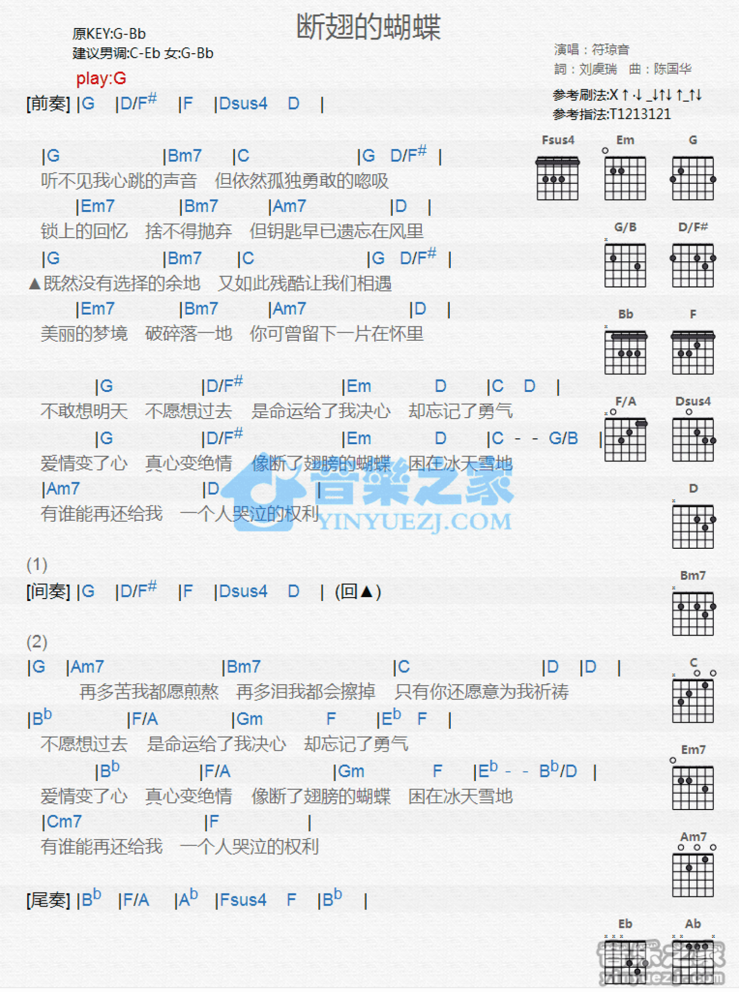 符琼音《断翅的蝴蝶》吉他谱_G调吉他弹唱谱_和弦谱第1张