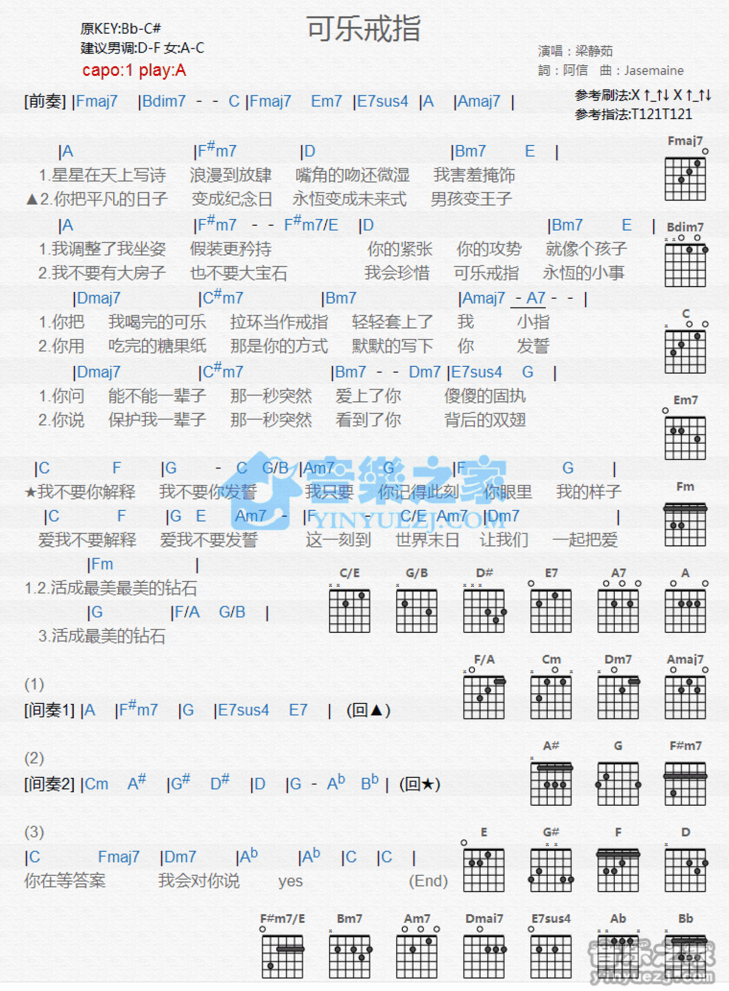 梁静茹《可乐戒指》吉他谱_A调吉他弹唱谱_和弦谱第1张