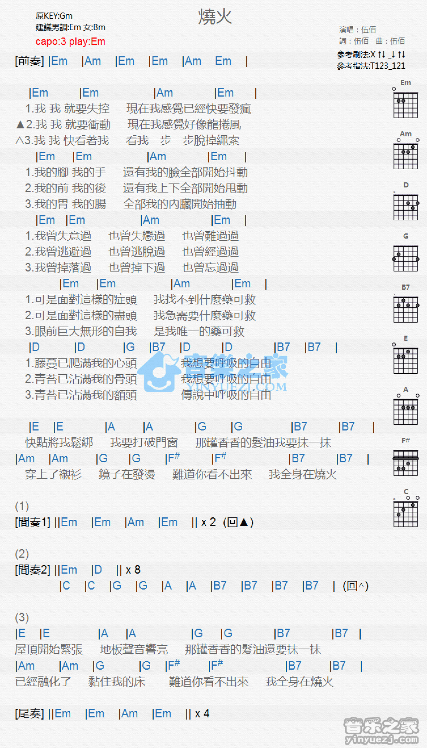 伍佰《烧火》吉他谱_G调吉他弹唱谱_和弦谱第1张