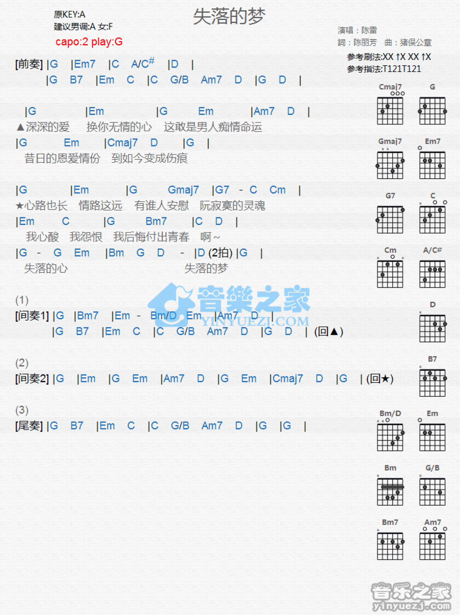 陈雷《失落的梦》吉他谱_G调吉他弹唱谱_和弦谱第1张