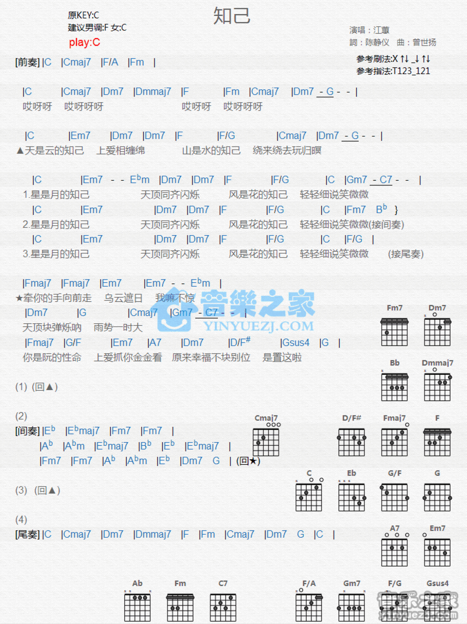 江蕙《知己》吉他谱_C调吉他弹唱谱_和弦谱第1张
