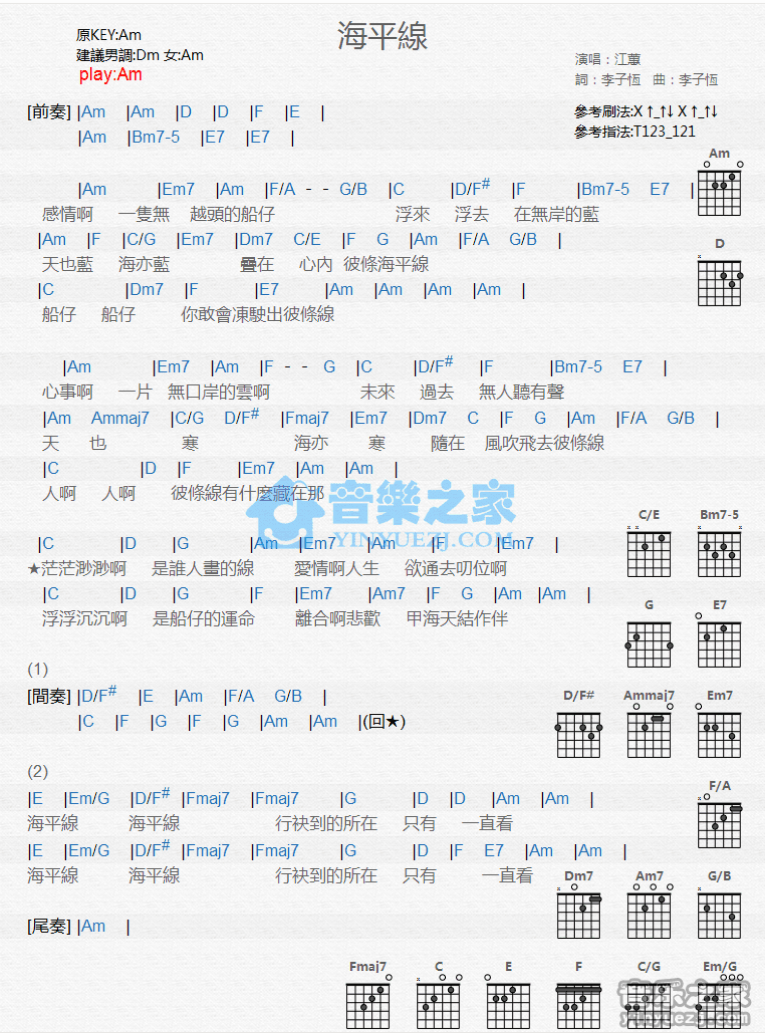 江蕙《海平线》吉他谱_C调吉他弹唱谱_和弦谱第1张