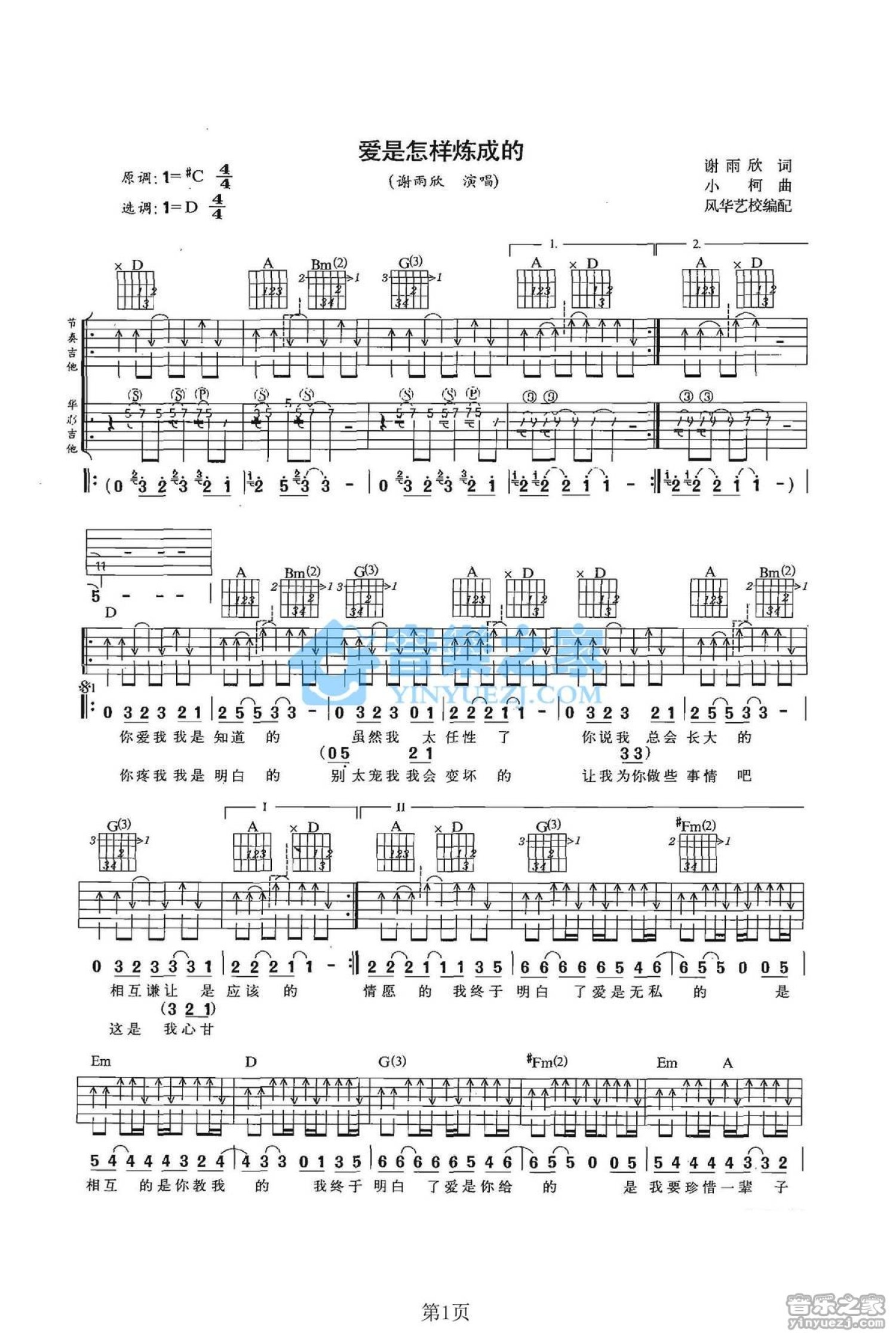 谢雨欣《爱是怎样炼成的》吉他谱_D调吉他弹唱谱_双吉他版第1张