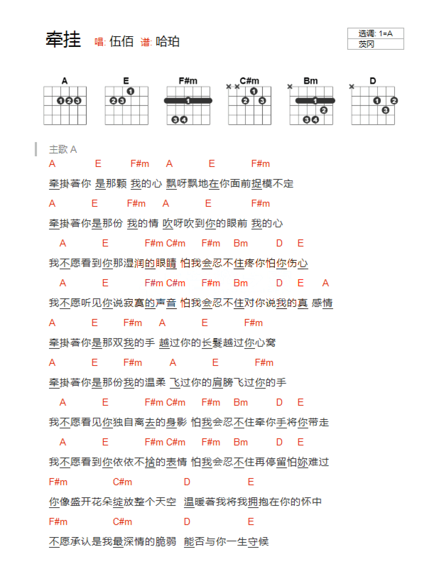 伍佰《牵挂》吉他谱_A调吉他弹唱谱_和弦谱第1张