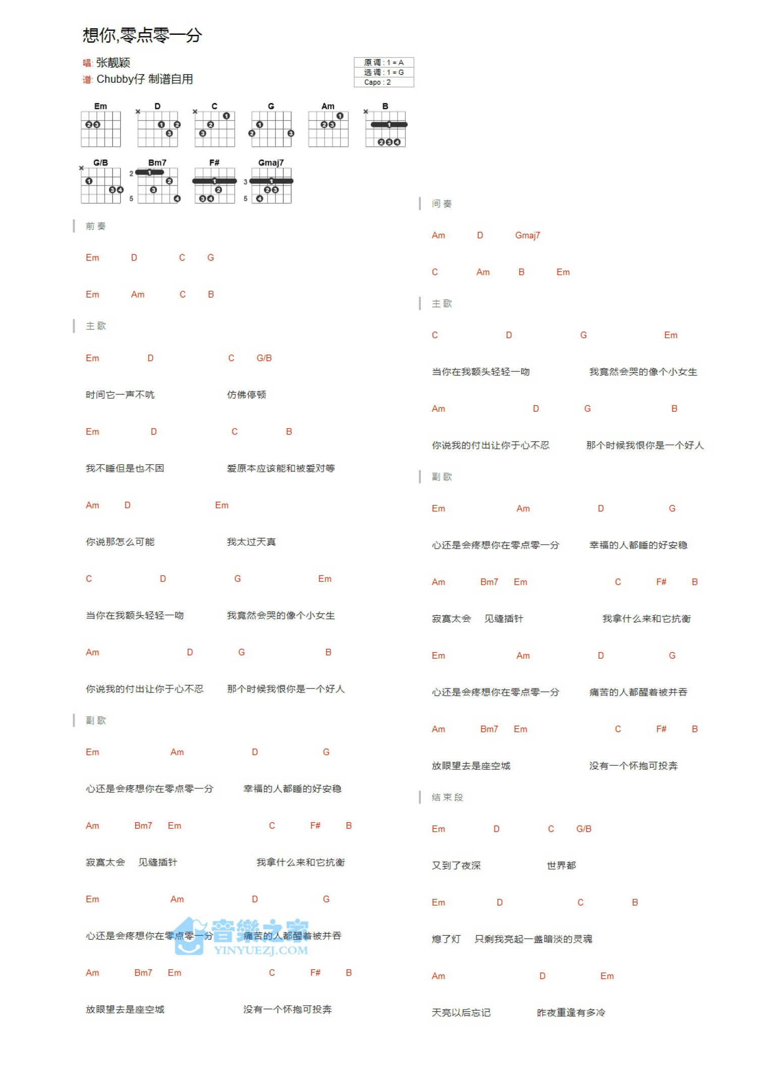 张靓颖《想你零点零一分》吉他谱_G调吉他弹唱谱_和弦谱第1张