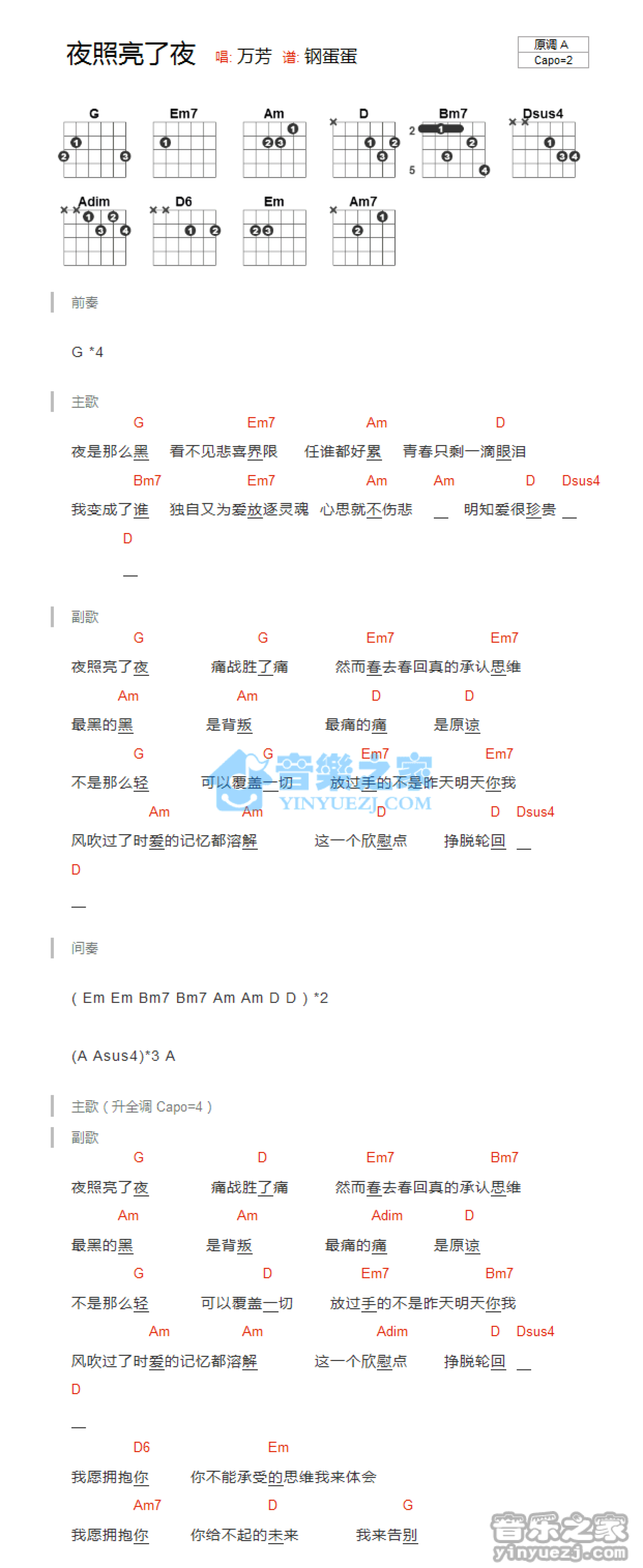 万芳《夜照亮了夜》吉他谱_G调吉他弹唱谱_和弦谱第1张