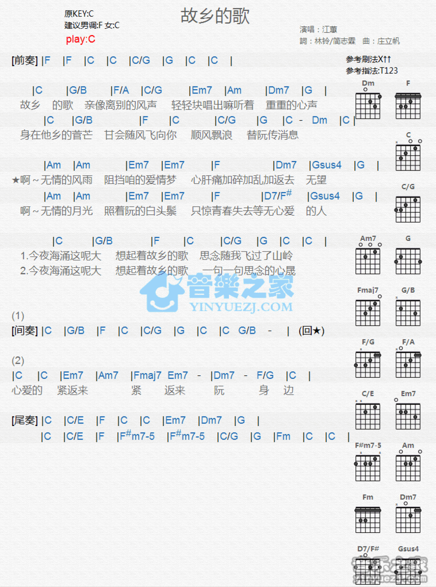 江蕙《故乡的歌》吉他谱_C调吉他弹唱谱_和弦谱第1张