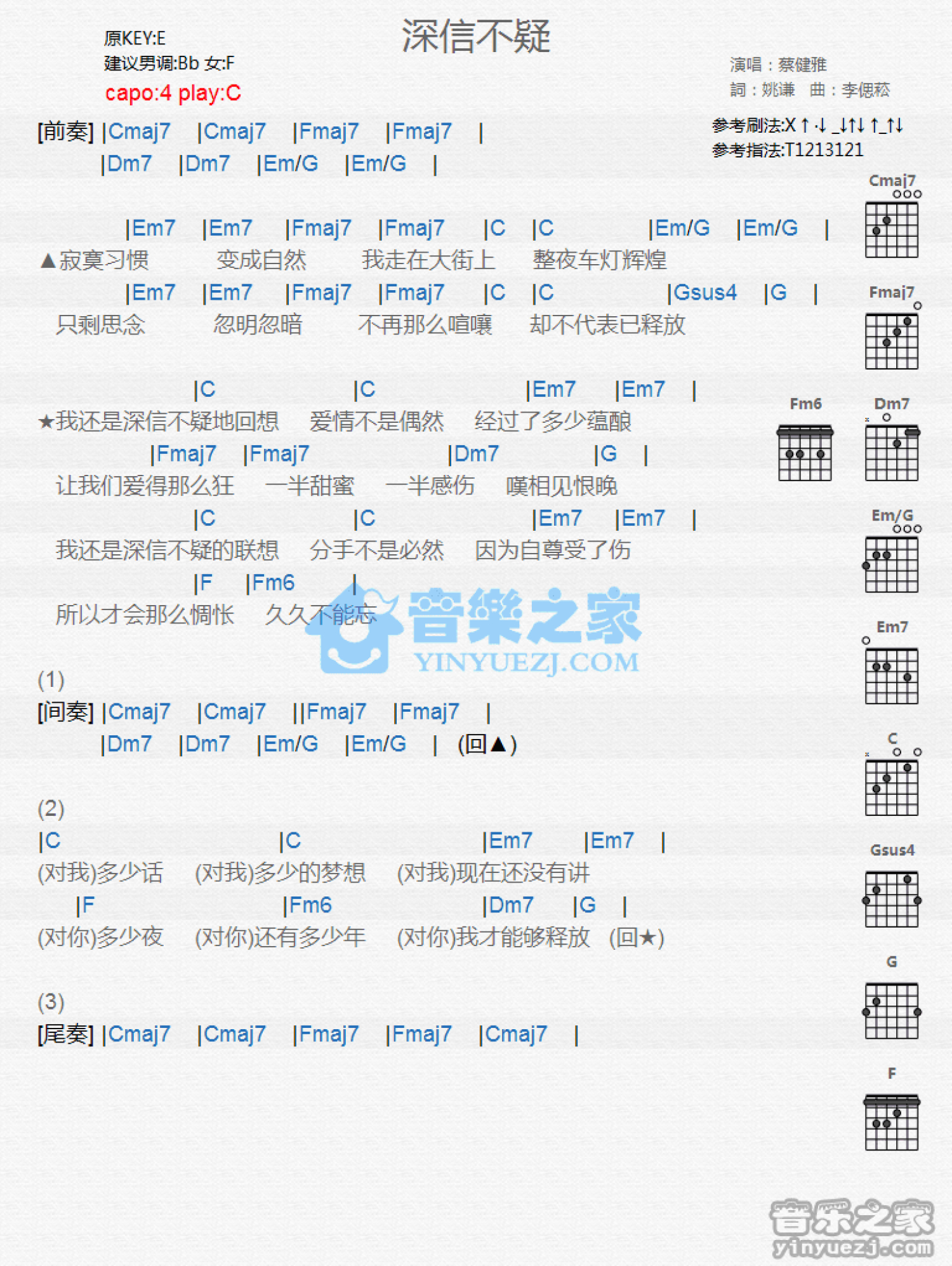 蔡健雅《深信不疑》吉他谱_C调吉他弹唱谱_和弦谱第1张