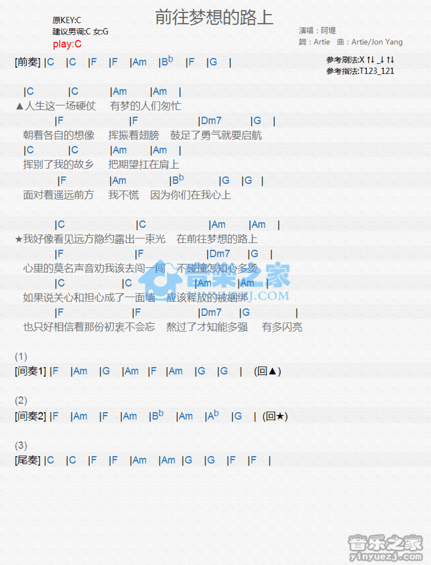 阿堤《前往梦想的路上》吉他谱_C调吉他弹唱谱_和弦谱第1张