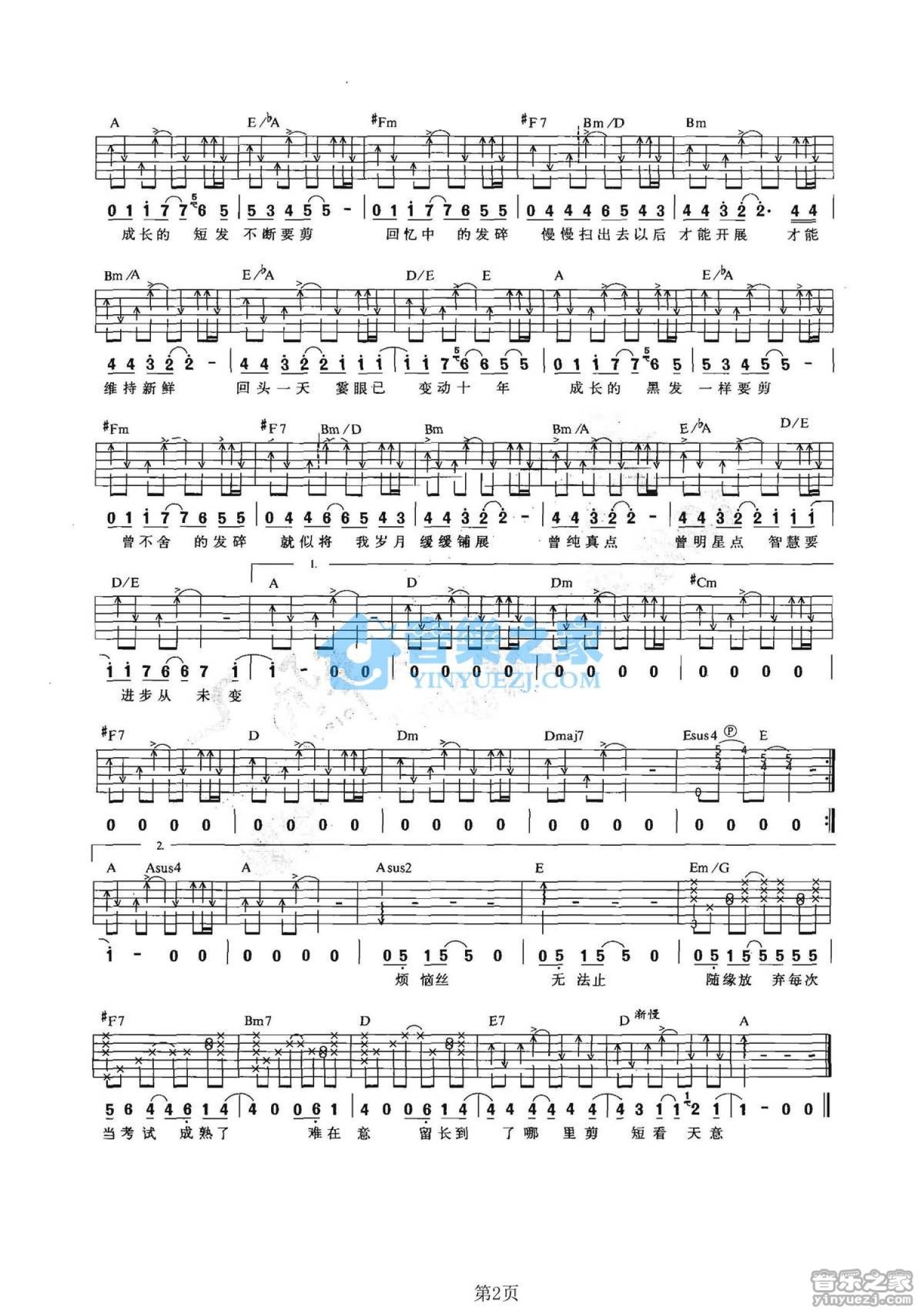 梁咏琪《成长的短发》吉他谱_A调吉他弹唱谱_双吉他版第2张