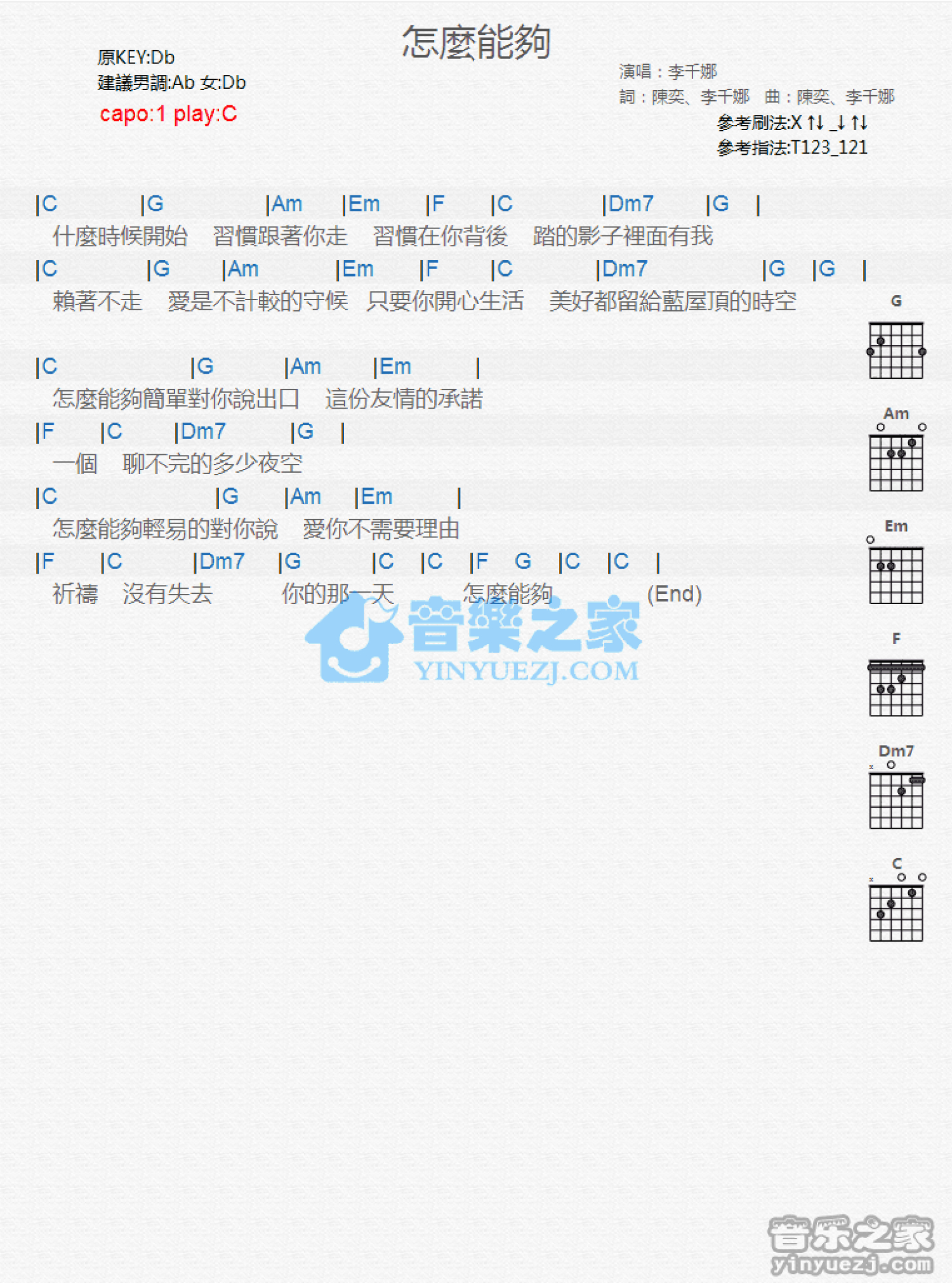 李千娜《怎么能够》吉他谱_C调吉他弹唱谱_和弦谱第1张