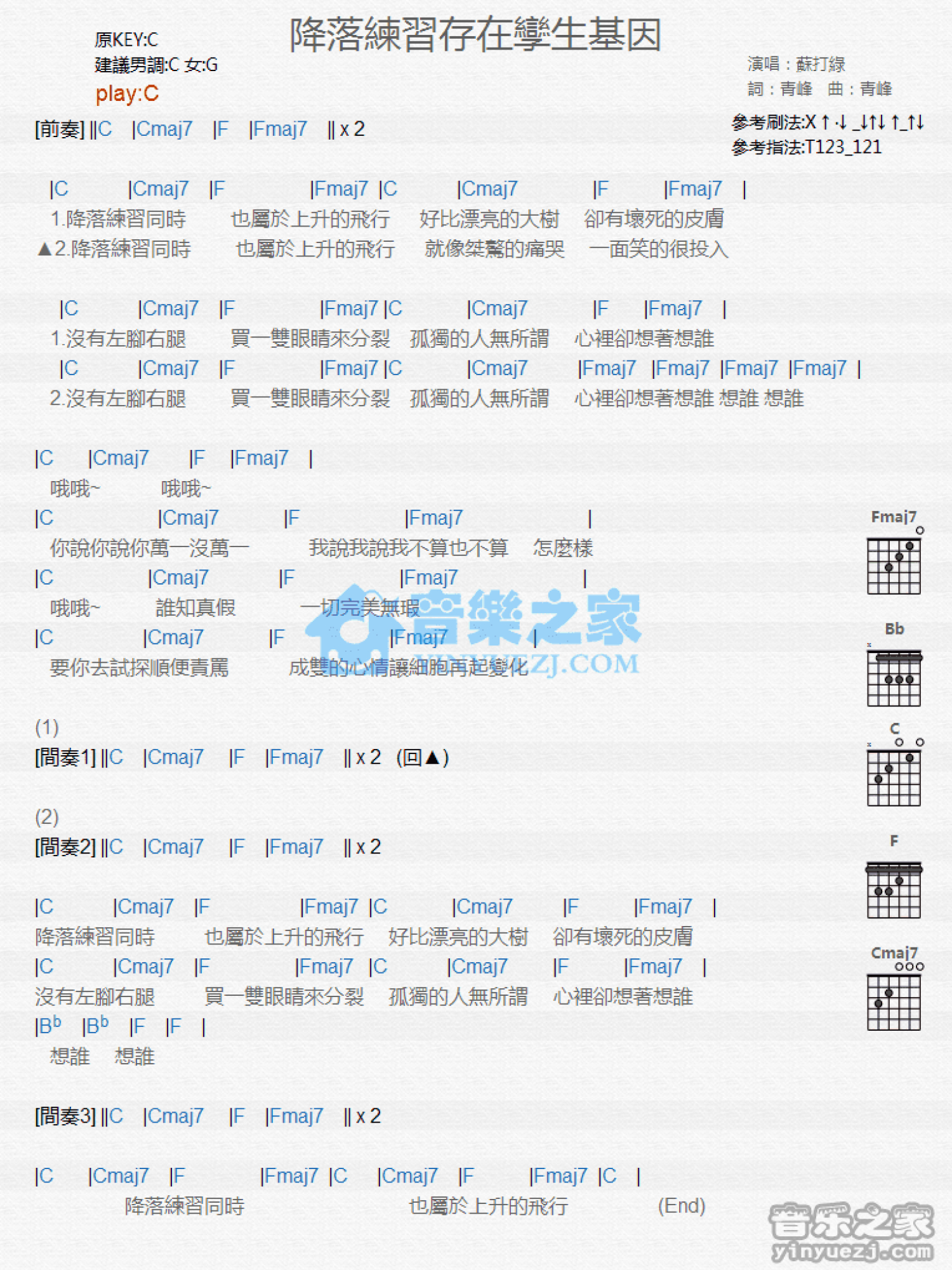 苏打绿《降落练习存在挛生基因》吉他谱_C调吉他弹唱谱_和弦谱第1张