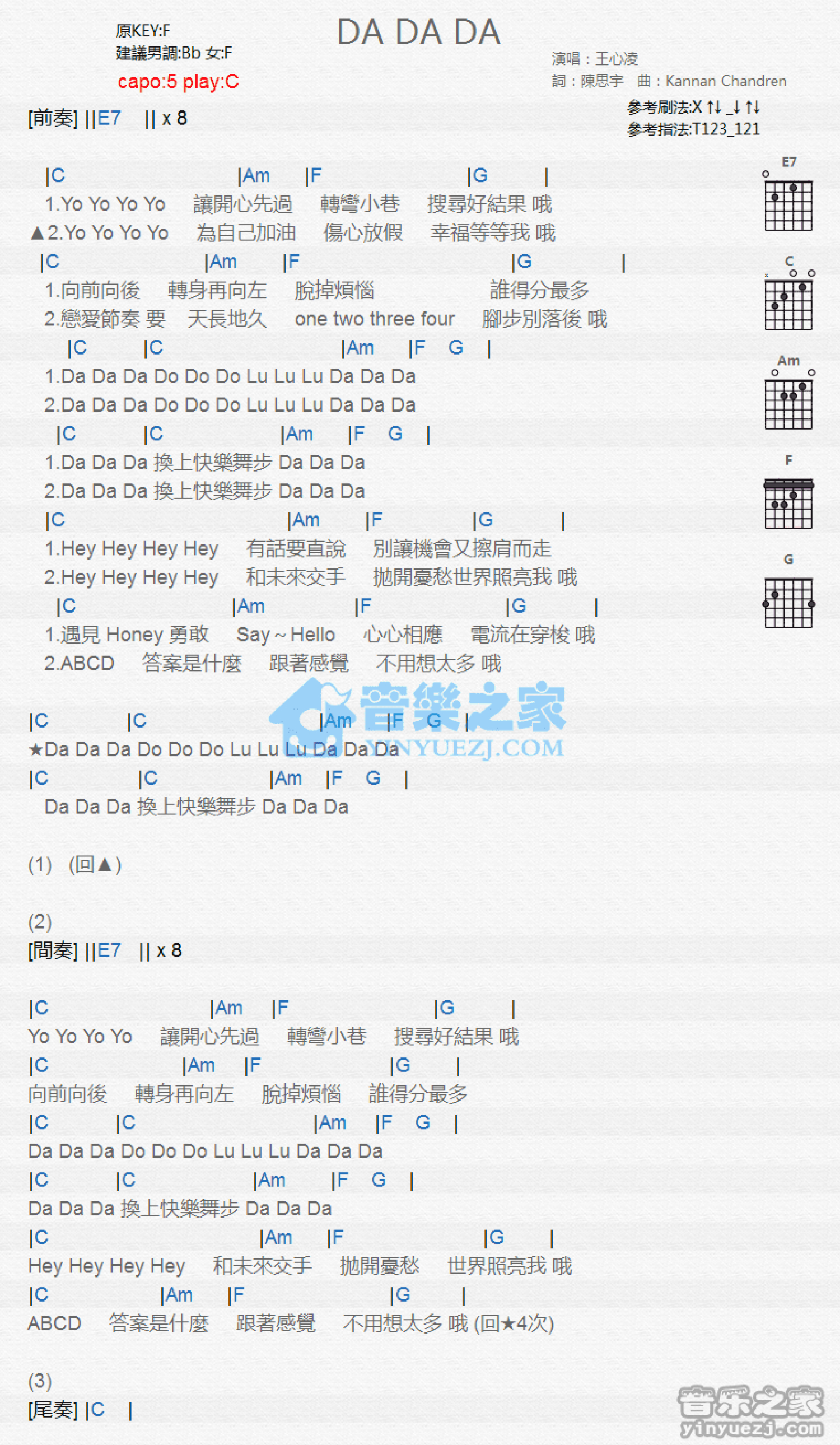 王心凌《DA DA DA》吉他谱_C调吉他弹唱谱_和弦谱第1张