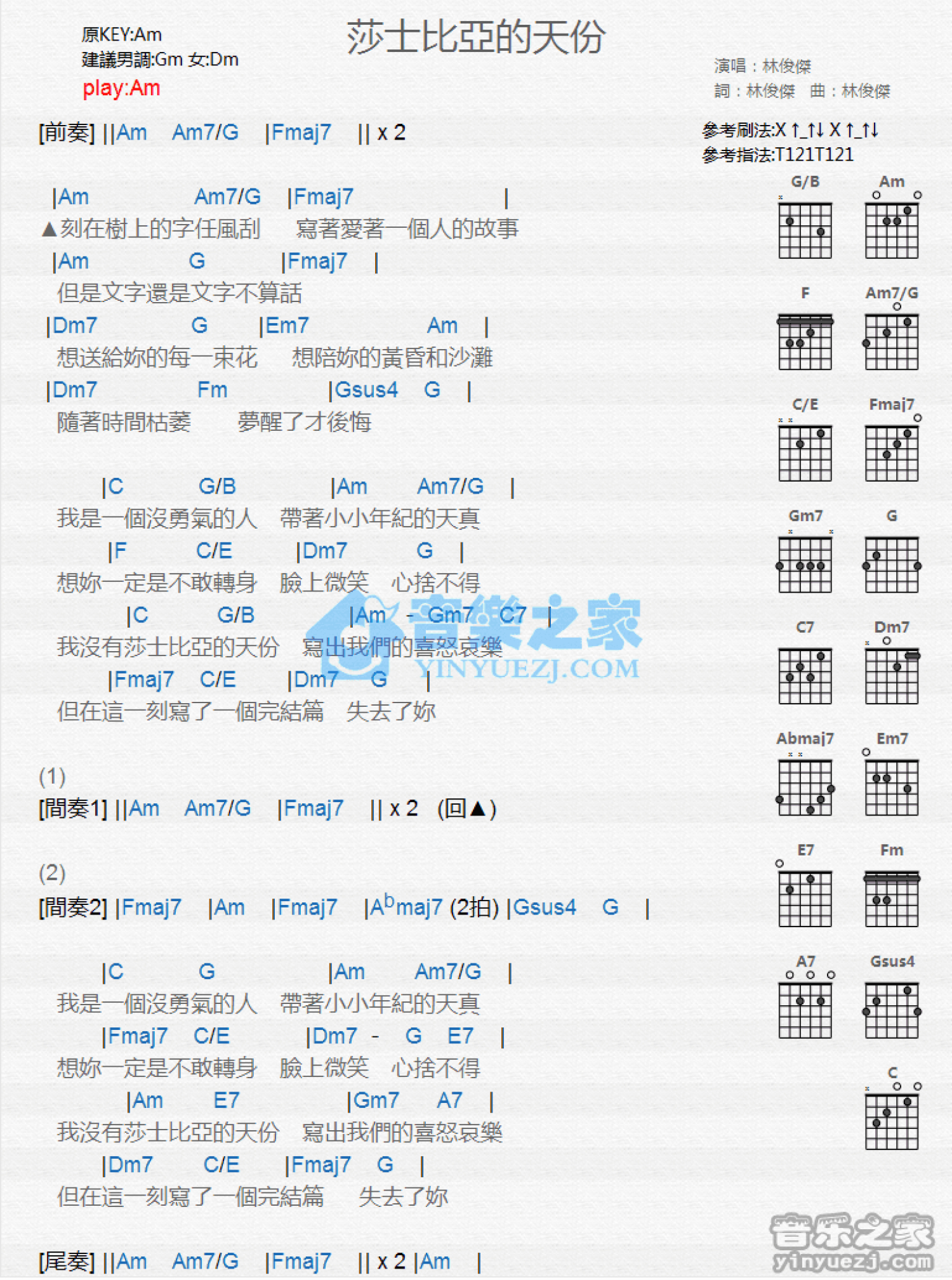 林俊杰《莎士比亚的天份》吉他谱_A调吉他弹唱谱_和弦谱第1张