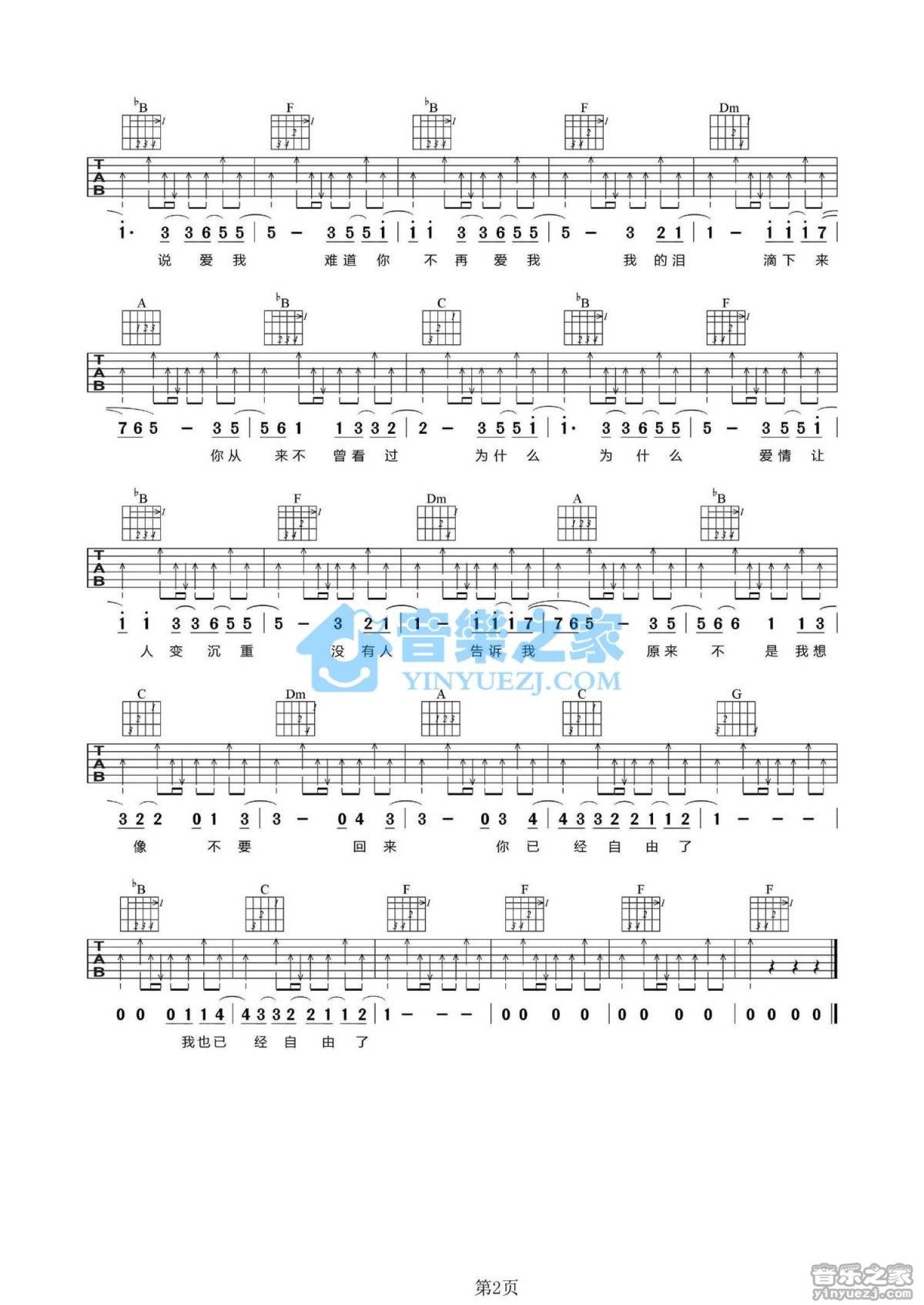 张震岳《自由》吉他谱_F调吉他弹唱谱第2张