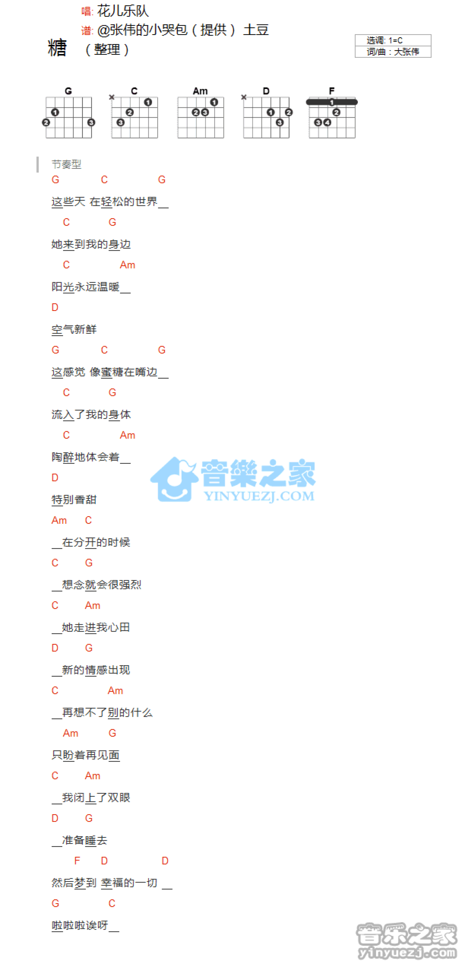 花儿乐队《糖》吉他谱_C调吉他弹唱谱_和弦谱第1张