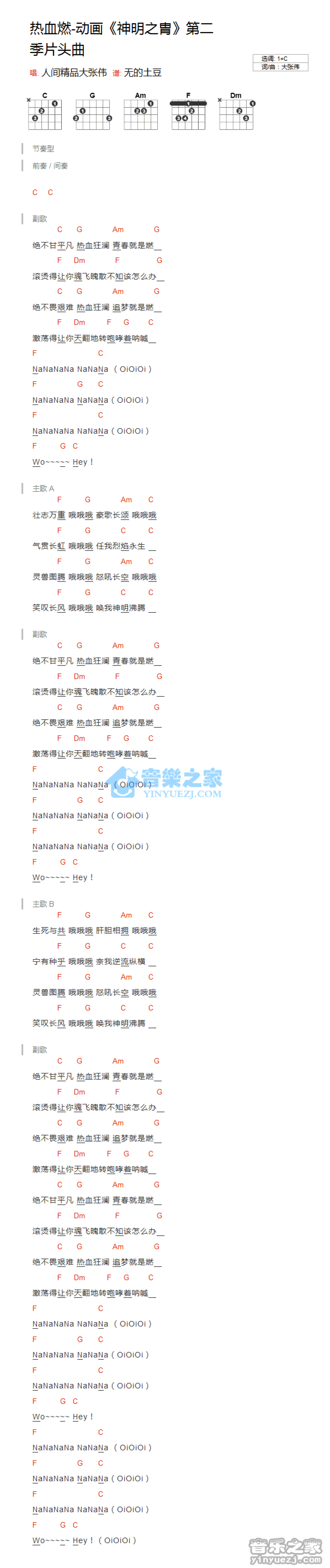 大张伟《热血燃》吉他谱_C调吉他弹唱谱_和弦谱第1张
